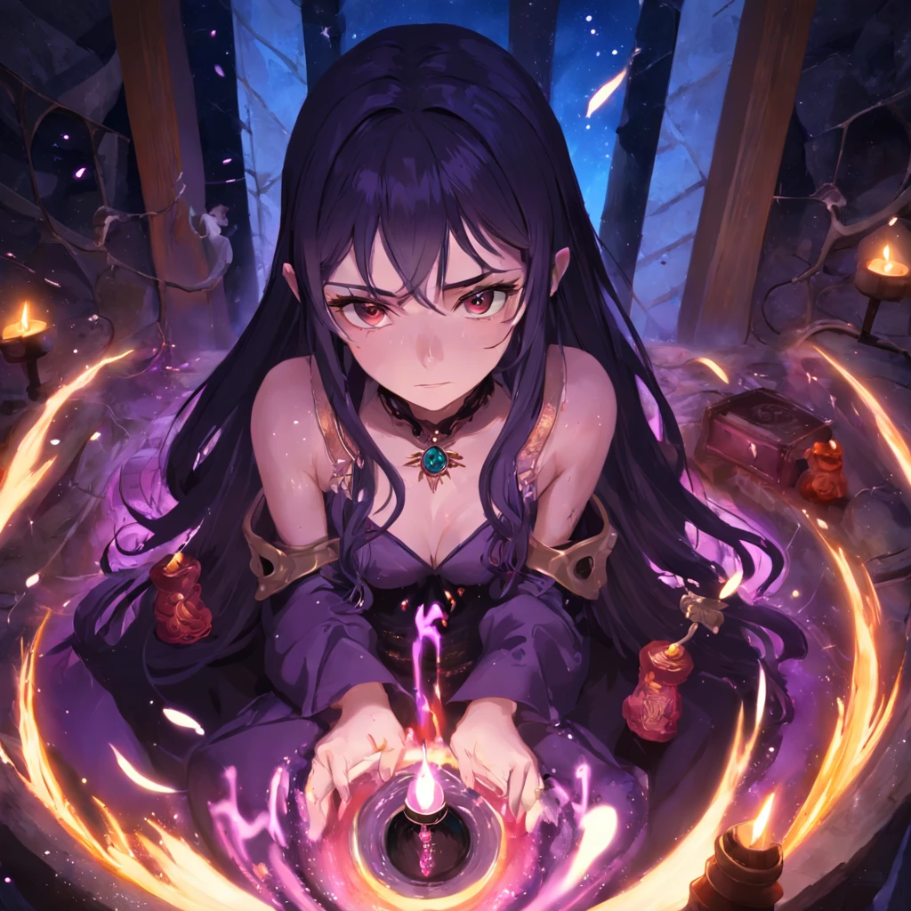 color photo of a mysterious seductive sorceress, with long black hair and piercing violet eyes, capable of manipulating the will of others with sweet words. She is mischievous, but also has a loving and kind heart. At her worktable, littered with flasks and potions, she helps those who deserve it with her spells. The atmosphere around you is charged with magic and mystery. With her exotic beauty, she uses her feminine skills to achieve her goals. A color photo of a woman, her long black hair cascading down her shoulders, her piercing violet eyes captivating anyone who gazes into them. Her lips, painted in a deep red, hold a hint of mischief and kindness. She sits at a cluttered worktable, covered in flasks and potions of various shapes and sizes, each holding a secret power. The air around her crackles with an electric energy, the scent of herbs and incense filling the room. Soft candlelight casts a warm glow on her delicate features, emphasizing her otherworldly allure. The photo captures her in a moment of concentration, her slender fingers gently stirring a concoction as she taps into her magical abilities. The ambiance is filled with a sense of enchantment and wonder, as if the very air is tinged with spells and secrets. The sorceress's presence is both alluring and mysterious, drawing you into her world of magic and intrigue.

Camera settings: Nikon F3 camera, loaded with high-sensitivity film to capture the subtle details of the scene. A soft focus lens is used to create an ethereal atmosphere, with a shallow depth of field effect. The dark environment, illuminated only by the flickering light of candles, adds to the sorceress's magical aura, enhancing the overall enchanting ambiance of the photo.

Juxtaposing Artists: Salvador Dalí, Annie Leibovitz, and Hieronymus Bosch.