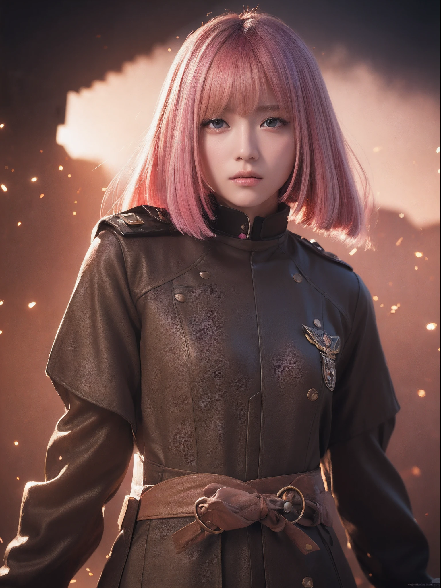 the Extremely Detailed CG Unity 8K Wallpapers、top-quality、ultra-detailliert、​masterpiece、studio shoot、Full body portrait、(battle garments、Future service、Glossy material), realisitic、Photo Real、extremely detailed cute girl、独奏、20yr old、japanes、Melancholy look, Battlefield scenery、(Against the background of explosions:1.5), Blonde and pink multicolored hair color, Long bob cut, thick bangs、out of focus、blur、