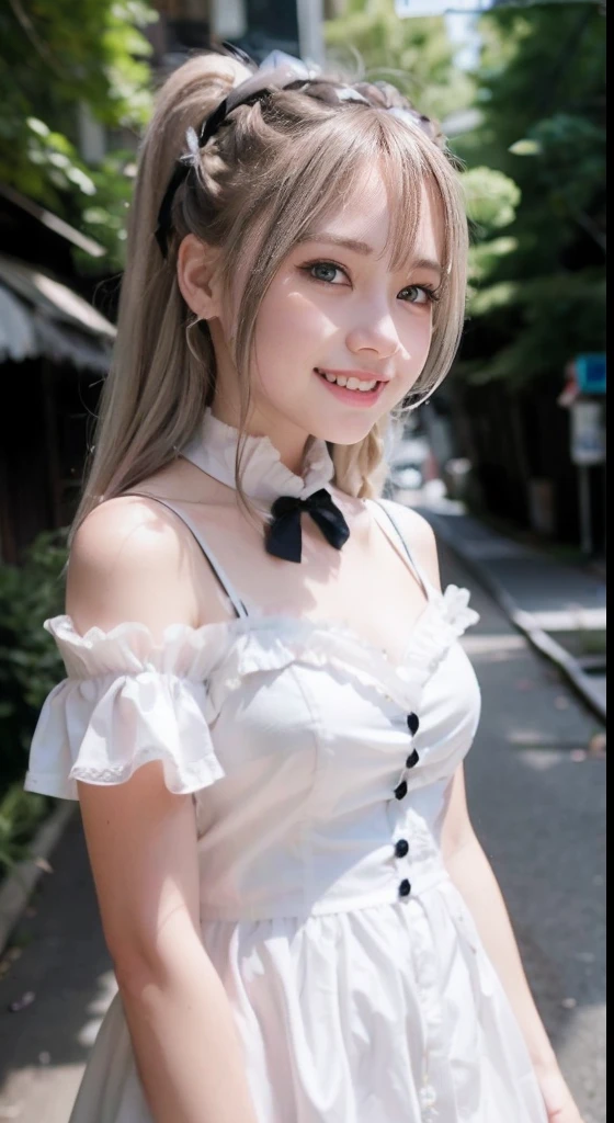 (ultra-detailliert), Frontal Face,head shot, Front view,Cute princess dresses in black color,(frilly dress),(shortsleeves),Blue eyes,The upper part of the body、cowboy shot、faces、(A smile:1.5),(facing front:1.2), 20yr old, s girl,no tail,(no tail),2D, masterpiece, top-quality, animesque, A detailed eye, A detailed face, girl with, Only 1 person,Silver-haired medium hair, (a blond), Ear Hair, small tits, Single braid, (Single braid), (Side braid), Pink ribbon, Ribbon around the neck, (White sleeves), Standing in the middle of the road