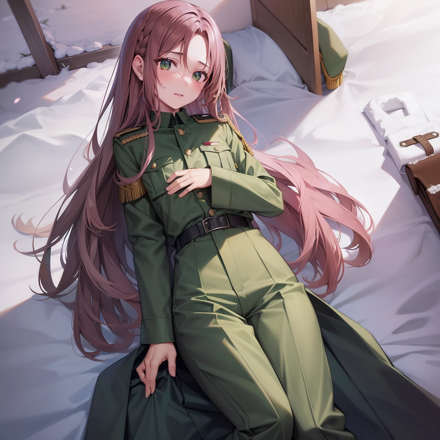 Military uniform, green military uniform, pants, teenager, small chest, teenager
