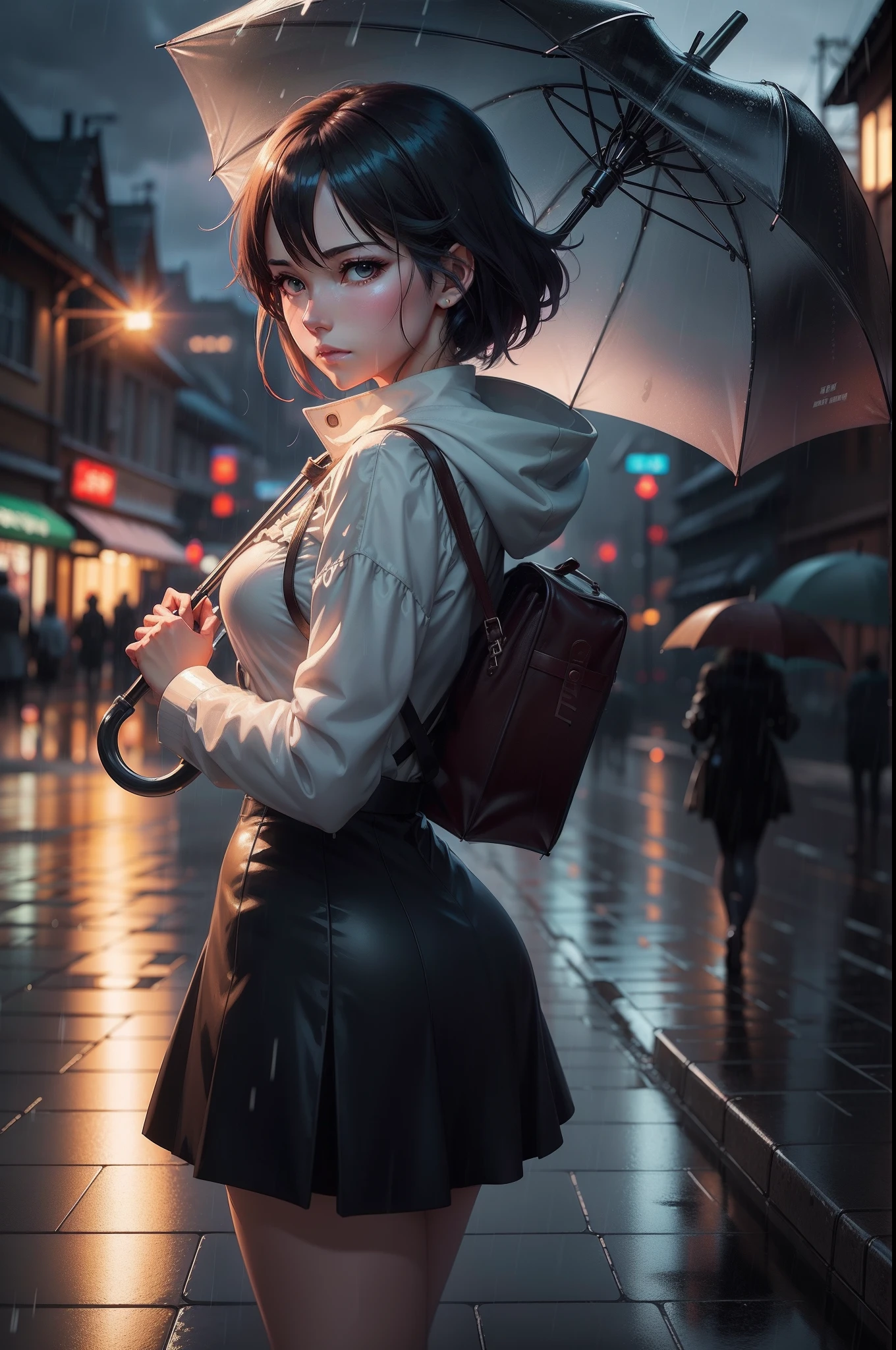 Woman holding umbrella in rain, Facing backwards, Super details of grief. anime image. by makoto shinkai, anime art wallpaper 4k, anime art wallpaper 4k, Anime art wallpaper 8k, anime wallpaper 4k, anime wallpaper 4k, 4K Anime Wallpapers, Anime Sky, amazing wallpapers, anime backgrounds, Anime Background Art