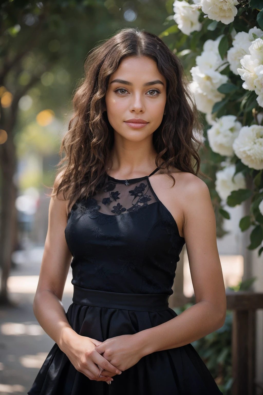 An urban adult female with a messy layered bob of long and curly brown hair, warm brown eyes reflecting compassion and kindness. Her self-assured demeanor and graceful figure exude elegance as she stands before an impressive urban black hoodie and sweatpants . Clad in a sophisticated dark brown office frock and gladiator heels, she remains resolute in the face of an apocalyptic wind and weather. The photorealistic image captures her captivating presence amidst the chaos, and the sparkling eyes draw viewers into the compelling visual narrative of strength and determination , mixed race , smiling , looking away , 18 years old .