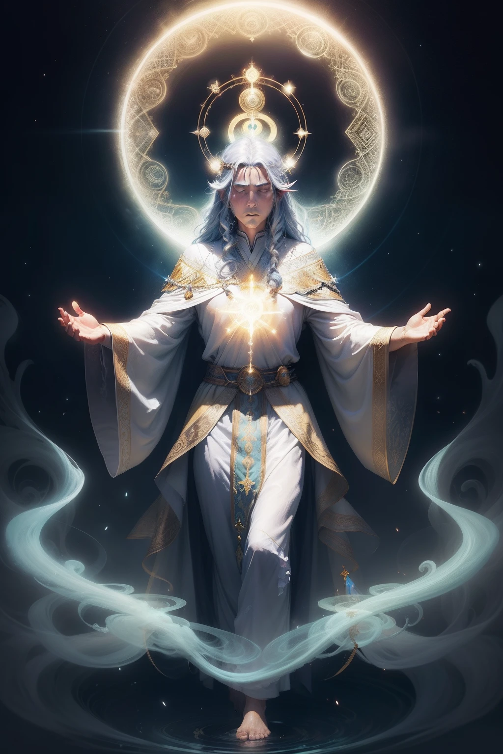 A drawing of a sacred holy shaman, priest, guru, spiritual man with a halo and aura, asian, dressed in flowing robes, summoning spiritual forces with a crystal, background is rolling hills, mood is graceful, calm, peaceful, daytime light, character design, art by Mark Ryden, Greg Simkins, Jason Limon, Dan Quintana.