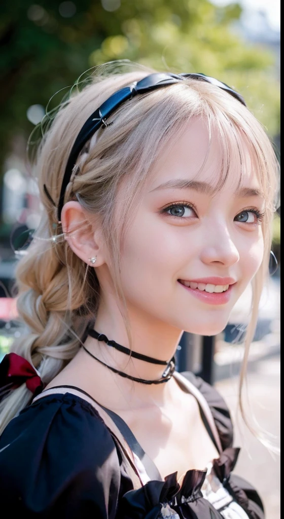 (ultra-detailliert), Frontal Face,head shot, Front view,Cute princess dresses in black color,(frilly dress),(shortsleeves),Blue eyes,The upper part of the body、cowboy shot、faces、(A smile:1.5),(facing front:1.2), 20yr old, teens girl,no tail,(no tail),2D, masterpiece, top-quality, animesque, A detailed eye, A detailed face, girl with, Only 1 person,Silver-haired medium hair, (a blond), Ear Hair, small tits, Single braid, (Single braid), (Side braid), Pink ribbon, Ribbon around the neck, (White sleeves), Standing in the middle of the road
