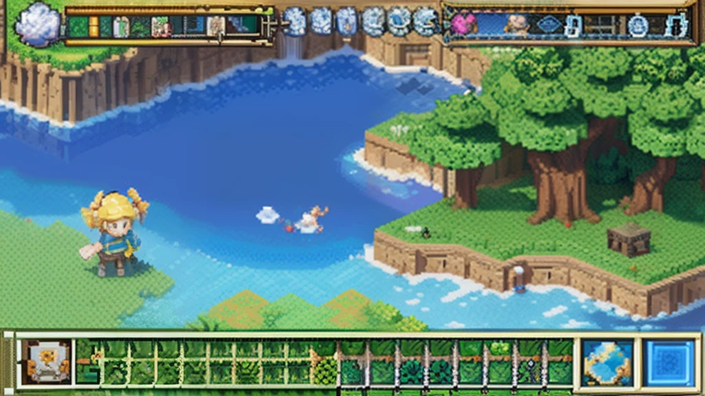 鸟山明风格，Flat pixel games《dragon quest》，Game scene design，（a paradise：1.4），16-bit pixels