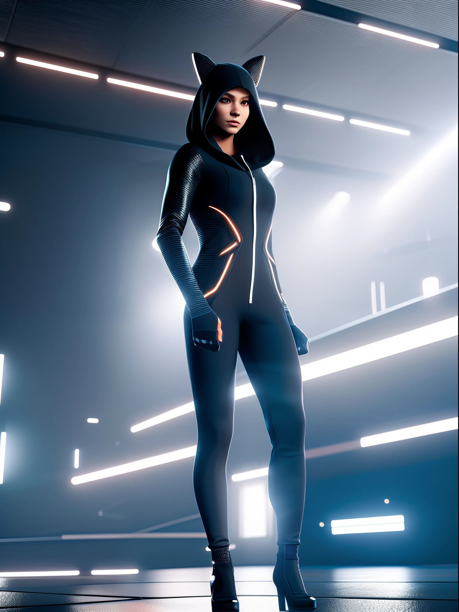 "A human-cat hybrid wearing a sleek black hoodie, striking dynamic poses on a modeling stage, set against the perfect lights, Unreal engine 5 style, realistic 8K UHD."
