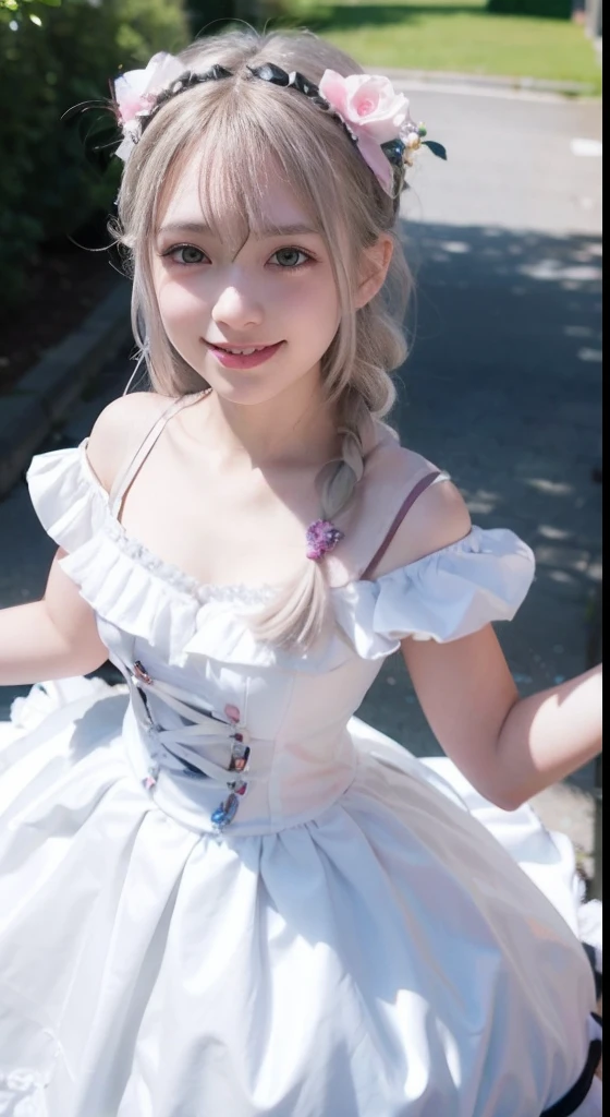 (ultra-detailliert), Cute princess dress in pink color,(frilly dress),(shortsleeves),Blue eyes,a closeup,Lovely smile,facing front, 20yr old, Girl in her 20s,no tail,(no tail),2D, ​masterpiece, top-quality, animesque, A detailed eye, A detailed face, girl with, Only 1 person,Silver-haired medium hair, (silber hair),  Ear Hair, small tits, Single braid, (Single braid), (Side braid), Pink ribbon, Ribbon around the neck, (Light blue sleeves), Stand in the middle of the city,
