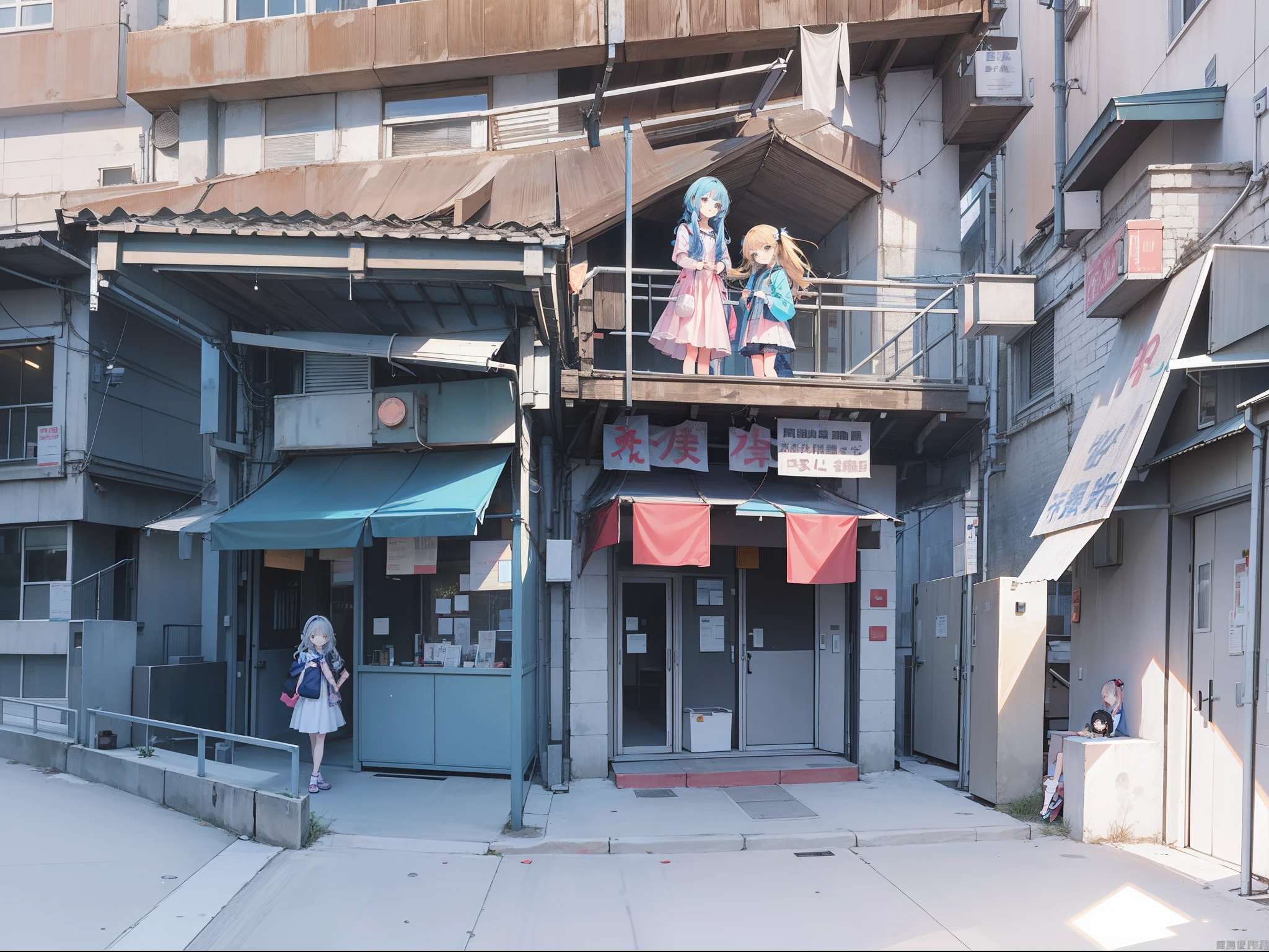 Three young cute girls standing under the building，Virtual anime style，2D，long whitr hair，Correct ray casting，Correct shadows，Ultra-clear，8K分辨率