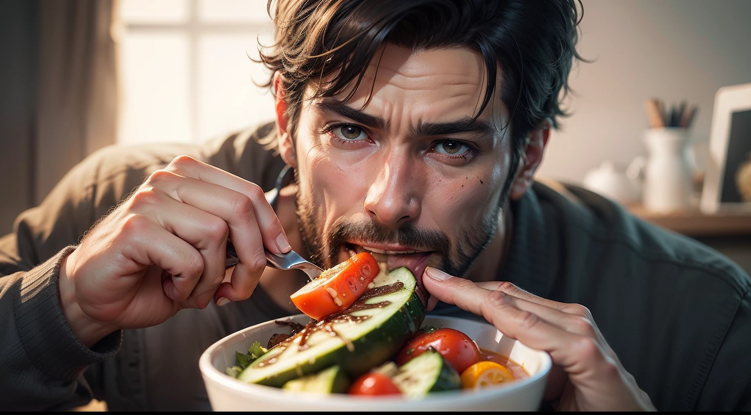 create realistic image of a man eating vegetables