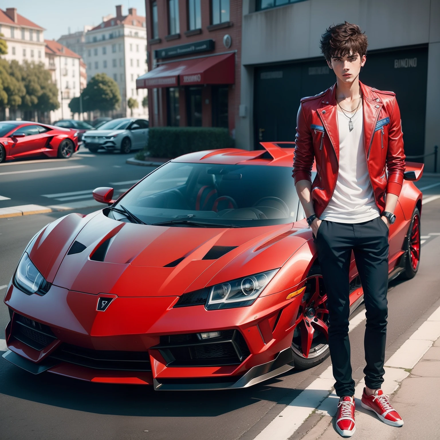 Red and blue colour lamborguini car,five star hotel in background,part of swiming pool in right to the car with a young man with short spiky hair
Wearing red jacket and blue shirt
