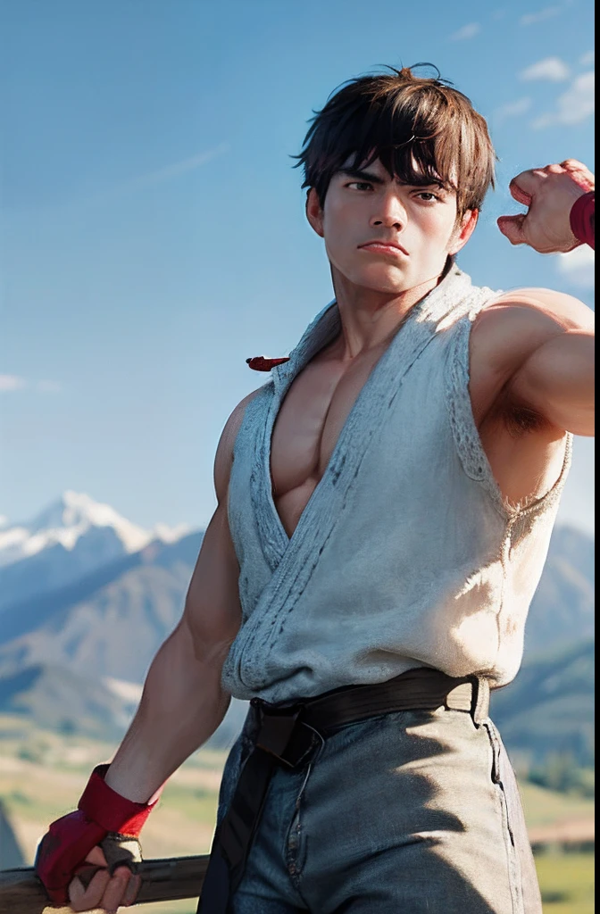 (masterpiece, best quality:1.2), cowboy shot, solo, male focus, 1boy, ryu \(sf\), serious, closed mouth, looking at viewer, black hair, dougi, fingerless gloves