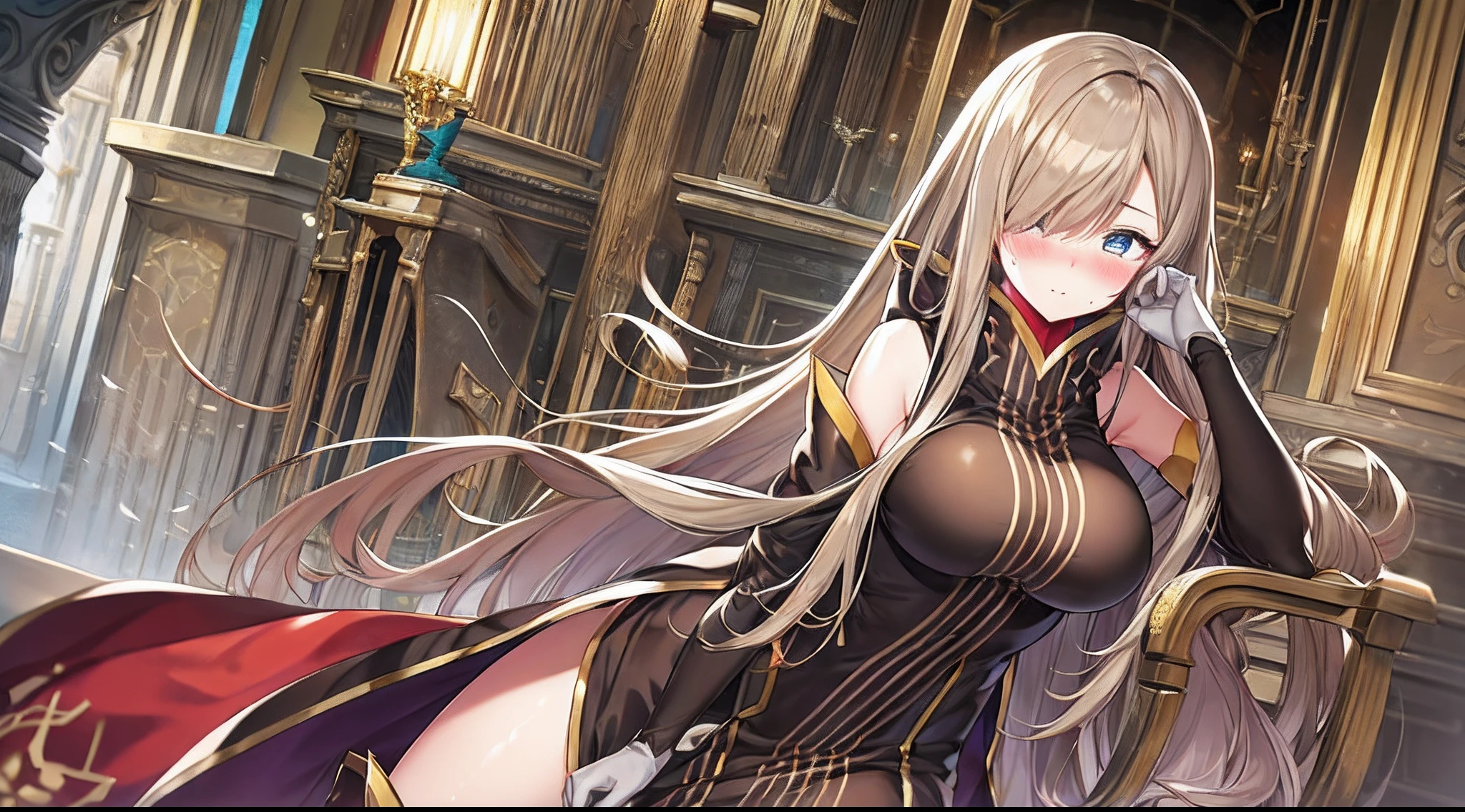 ((adult lady)),((Drunken eyes,コック痴女)),((anime moe art style)),((masterpiece)), (top-quality), (super detailing), (((extremely delicate and beautiful))), dynamic ungle,Look at viewers,((Cowboy Shot)))finerly detailed face, long eyeslashes,Bangs between the eyes,Curvaceous,(perfect leg、perfect hand、Perfect whole body),antique、a chair、 Tier Grants, Hair over one eye, brown robes, Bare shoulders, Detached sleeves, White Gloves、(large full breasts)、(((red blush)))