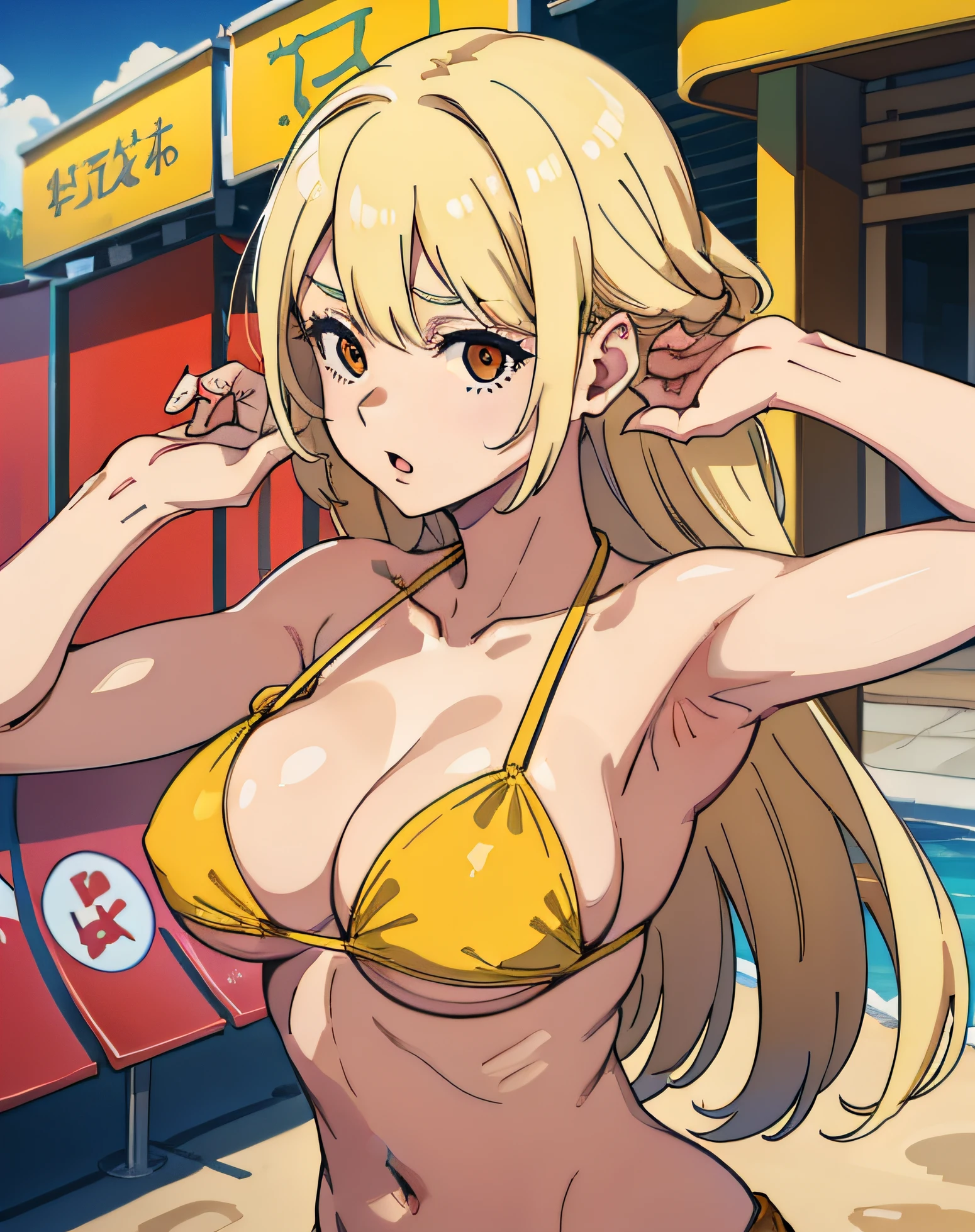1chica, solo, obra maestra, mejor calidad, cuerpo, adolescente, sudor, virgen, (boceto: 1.4)

1long hair, blonde hair, Alta calidad, playa, bikini, large_breasts, rubor, grabbing_from_behind, big_boobs