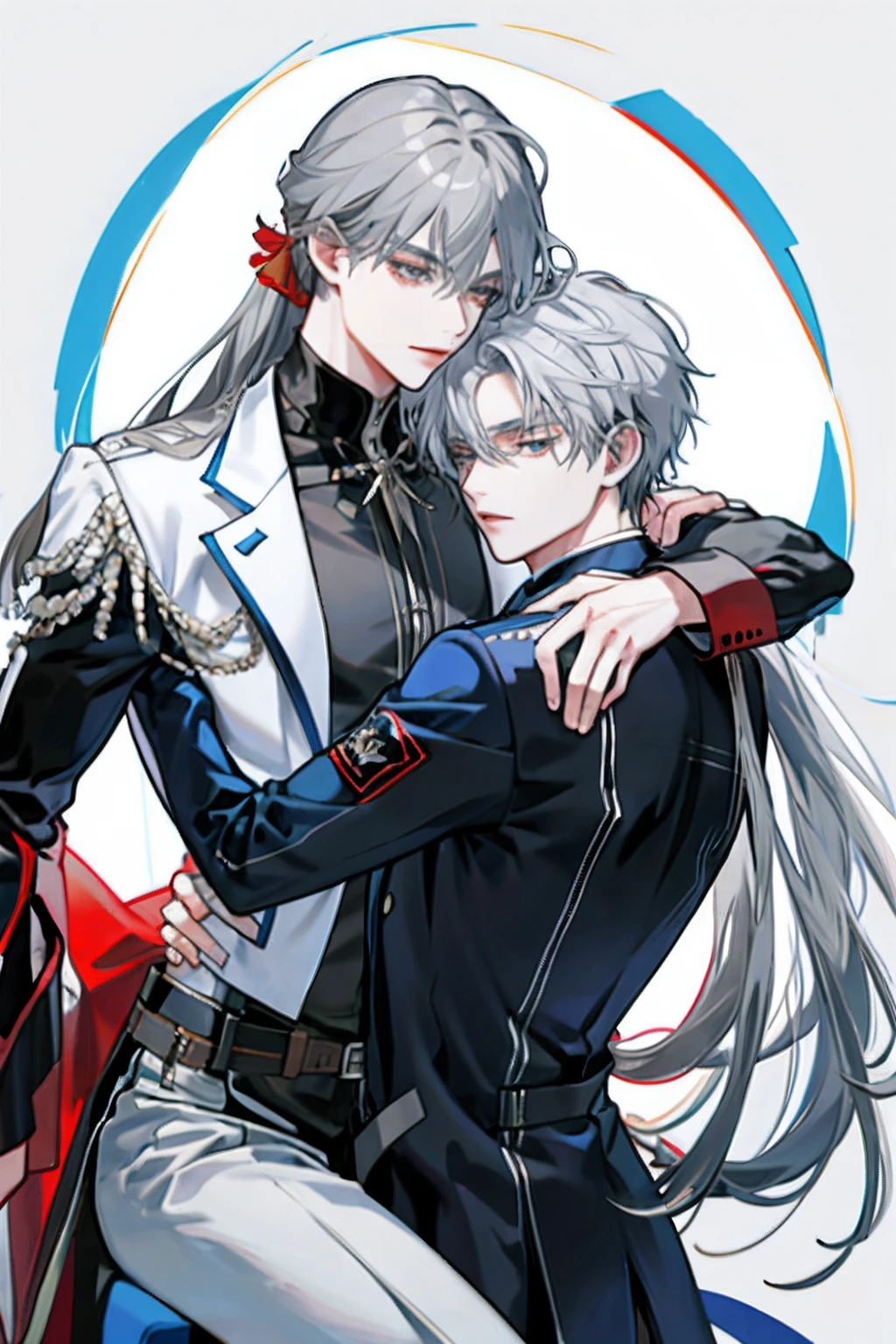 (There were only two men)Man with gray hair,Hug another man with long hair。two men embracing