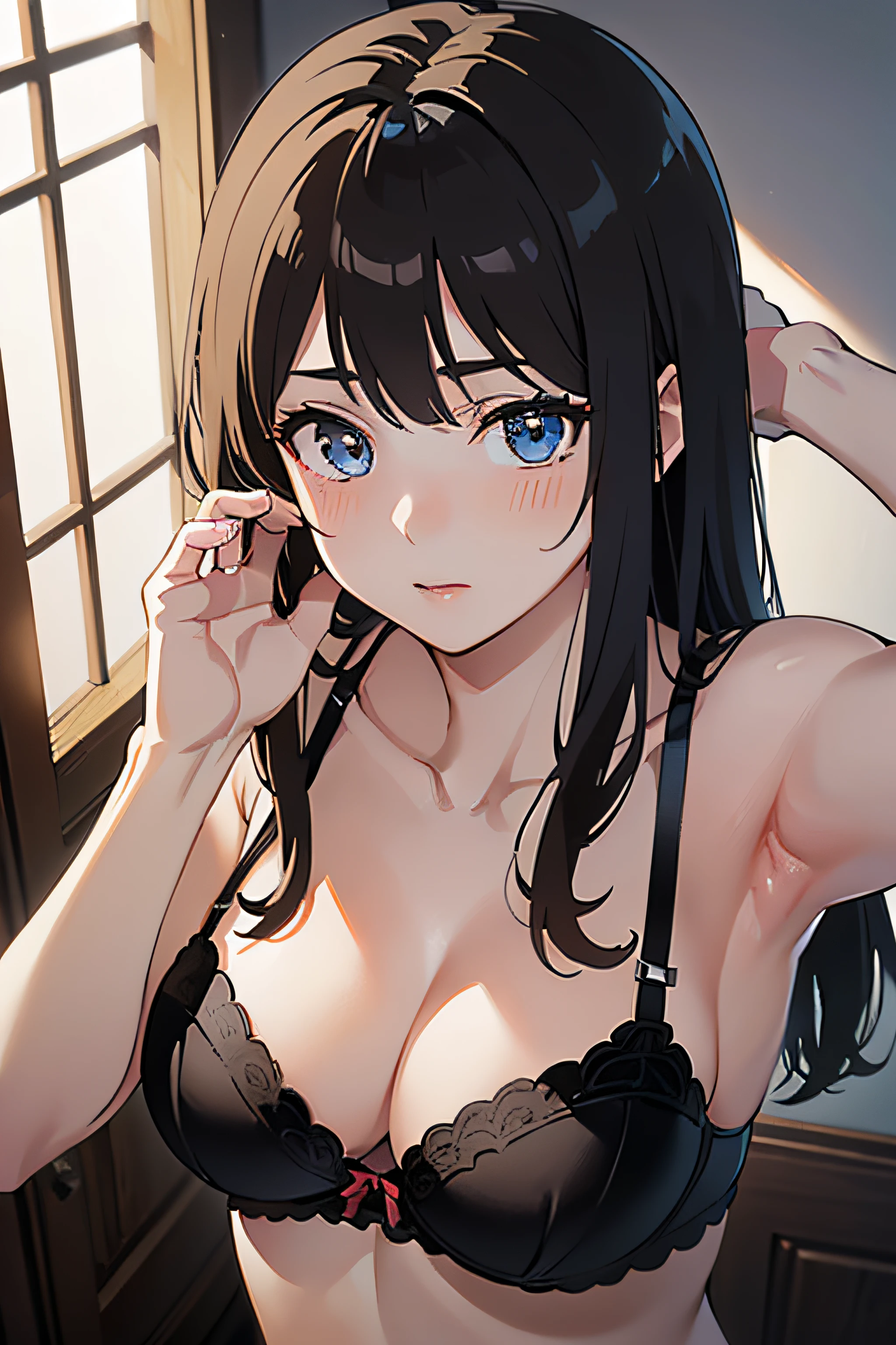 (((masterpiece, best quality, highres, UHD, perfect pixel, depth of field, 4k, RTX, HDR))), 1girl, single, solo, beautiful anime girl, beautiful artstyle, anime character, ((long hair, bangs, dark brown hair)), brown eyes, sparkling eyes, ((beautiful eyes, detailed eyes, extremely detailed eyes, detailed face, blushing:1.2)), ((smooth texture:0.75, realistic texture:0.5, anime CG style)), ((medium breasts, cleavage)), indoor, bedroom, dynamic angle, busty, perfect body, dynamic pose, armpit, hands up, ((close up, POV, from above)), ((bra, lingerie)), natural light, looking at viewer