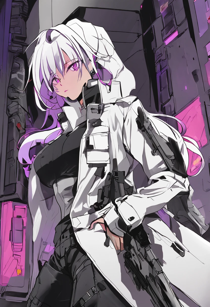 Two-dimensional woman,Long white silky hair,Bright purple pupils,White trench coat with black hard vest armor,A tactical belt hangs a black pocket,Black slim trousers with leggings,A pair of black tactical high-top boots,4k高清。
