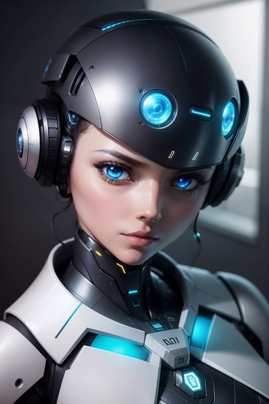 A futuristic artificial intelligence robot in close up, alinhado ao lado direito, fundo futurista