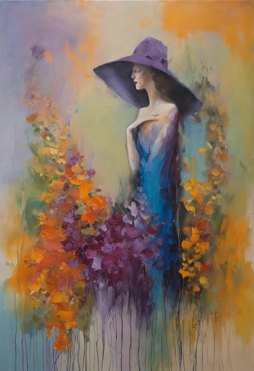 In a beach setting at night, there stands a woman with her face concealed by flowers. The main color theme is deep blue, with secondary colors being dark purple. The style is surreal and romantic, with a texture resembling smooth silk. The lines are curved and graceful. The woman is somewhat petite and hides her face with the flowers.