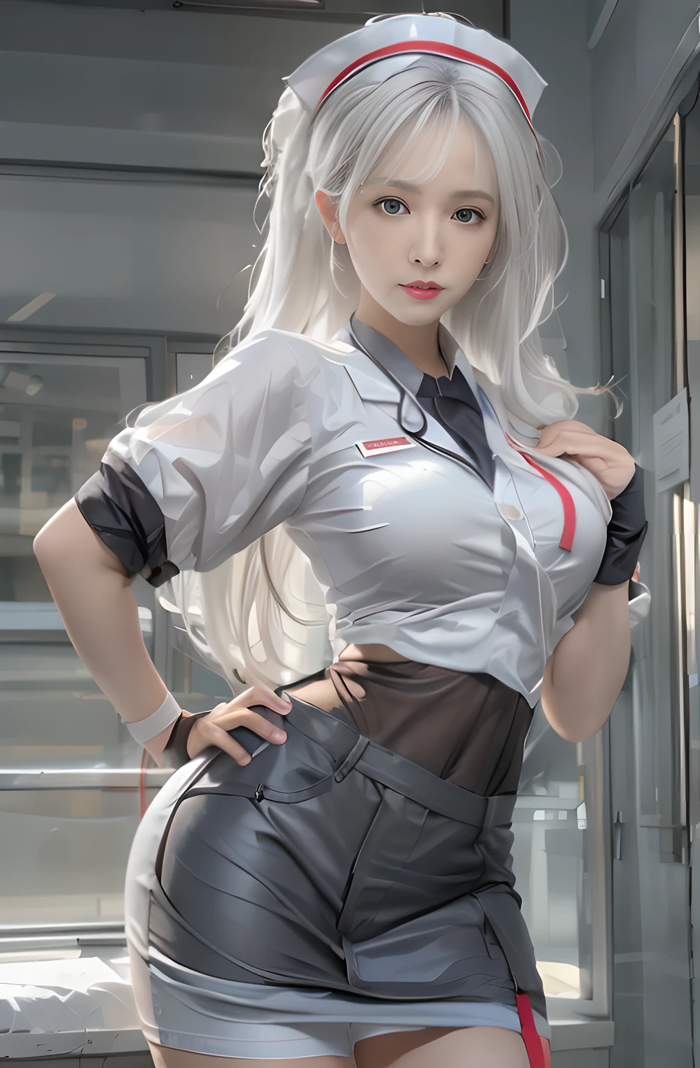 Photorealistic, high resolution, 1womanl, Solo, Hips up, view the viewer, (Detailed face), White hair, Long hair, Nurse outfit, Stockings,((delicated face))
