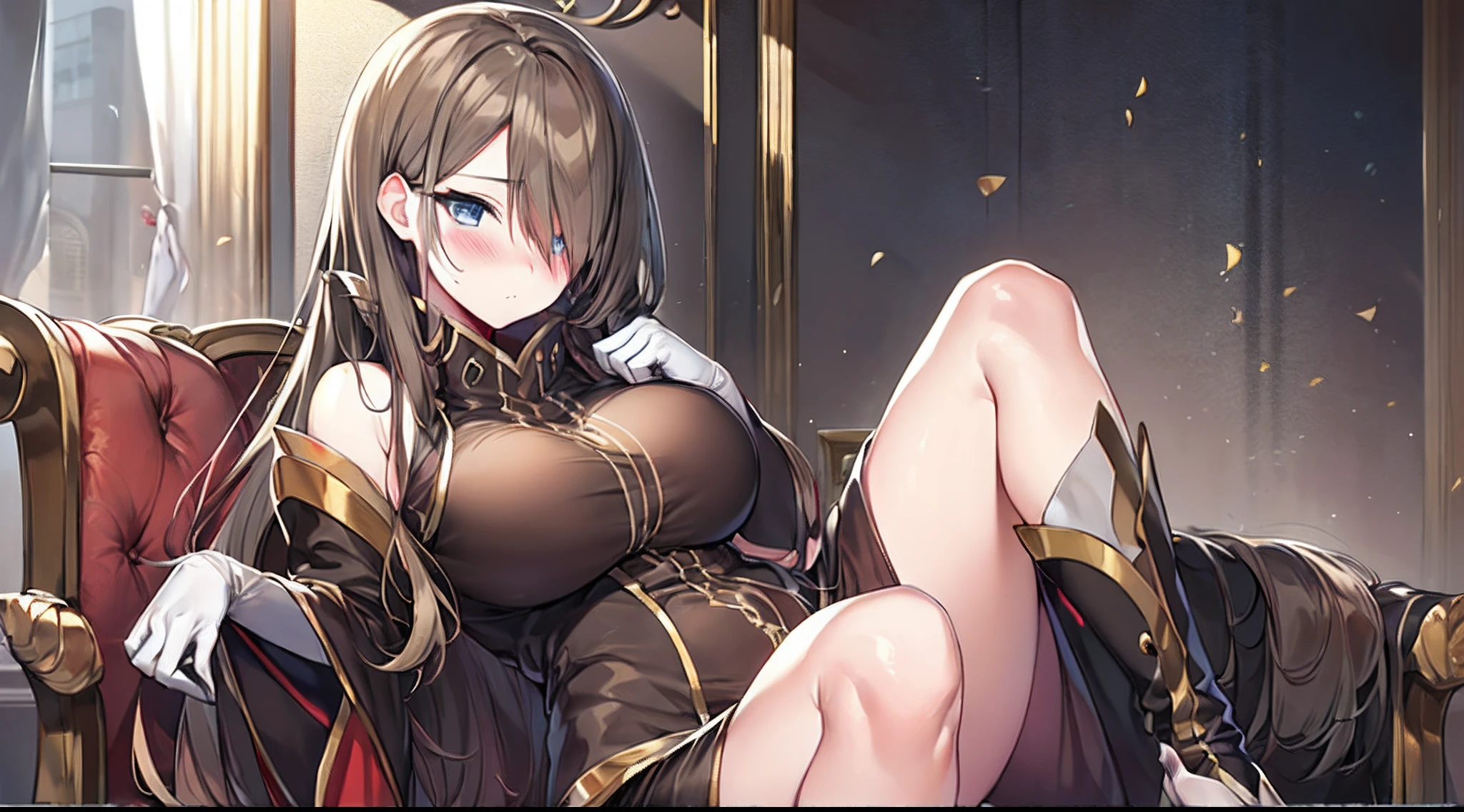 ((adult lady)),((Drunken eyes,コック痴女)),((anime moe art style)),((​masterpiece)), (top-quality), (super detailing), (((extremely delicate and beautiful))), dynamic ungle,Look at viewers,((Cowboy Shot)))finerly detailed face, long eyeslashes,Bangs between the eyes,Curvaceous,(perfect leg、perfect hand、Perfect whole body),antique、a chair、 Tier Grants, Hair over one eye, brown robes, Bare shoulders, Detached sleeves, White Gloves、(large full breasts)、(((red blush)))