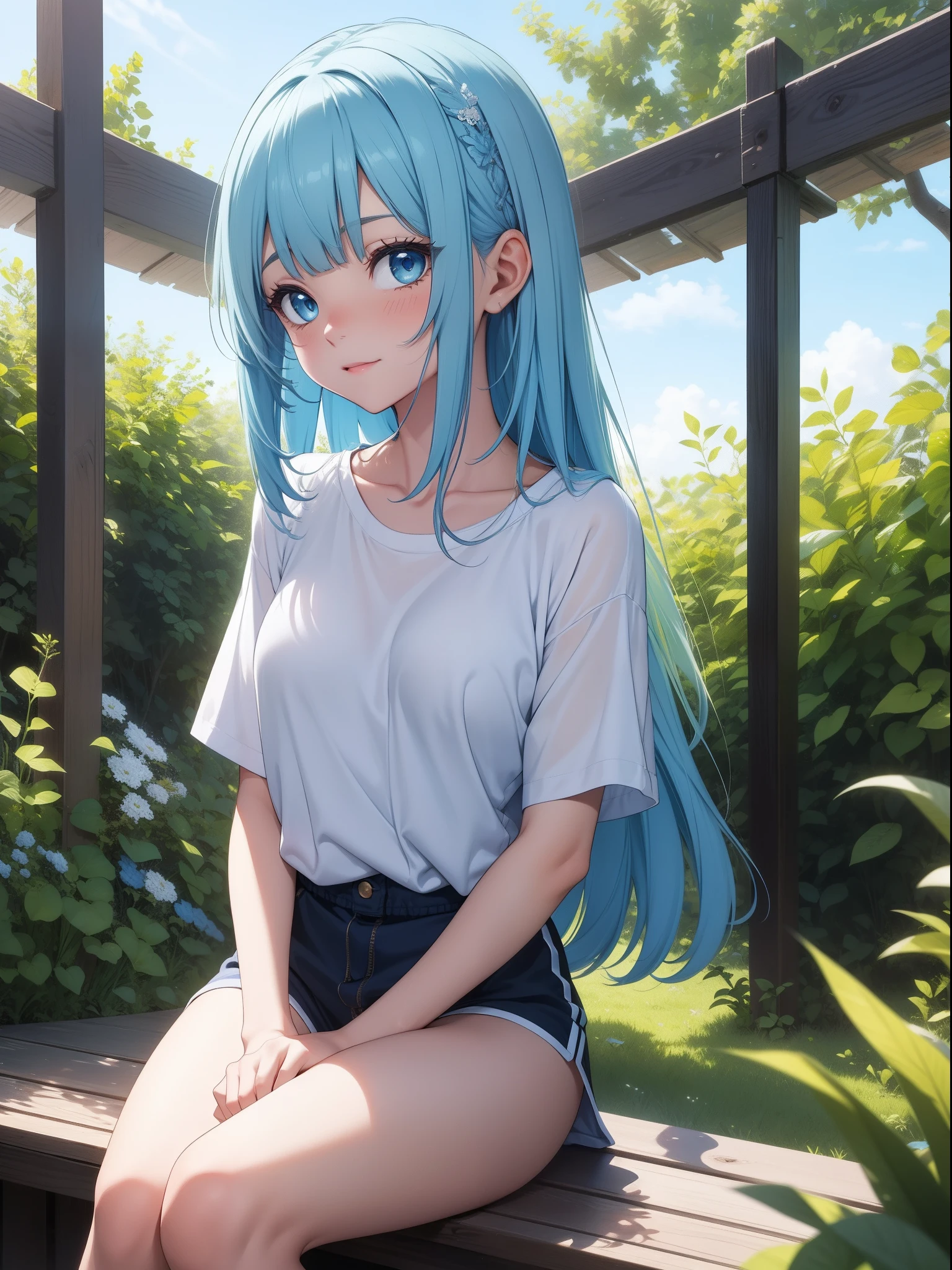 Official art、Top quality ultra-detailed CG art、a beauty girl：１.２）、blue hairs、Glossy hair、smooth hair、large blue eyes,Mid summer、kawaii、The sky is beautiful、Cute、bob cuts、sports wear、Smooth clothes、ssmile、It features a simple、Naked、