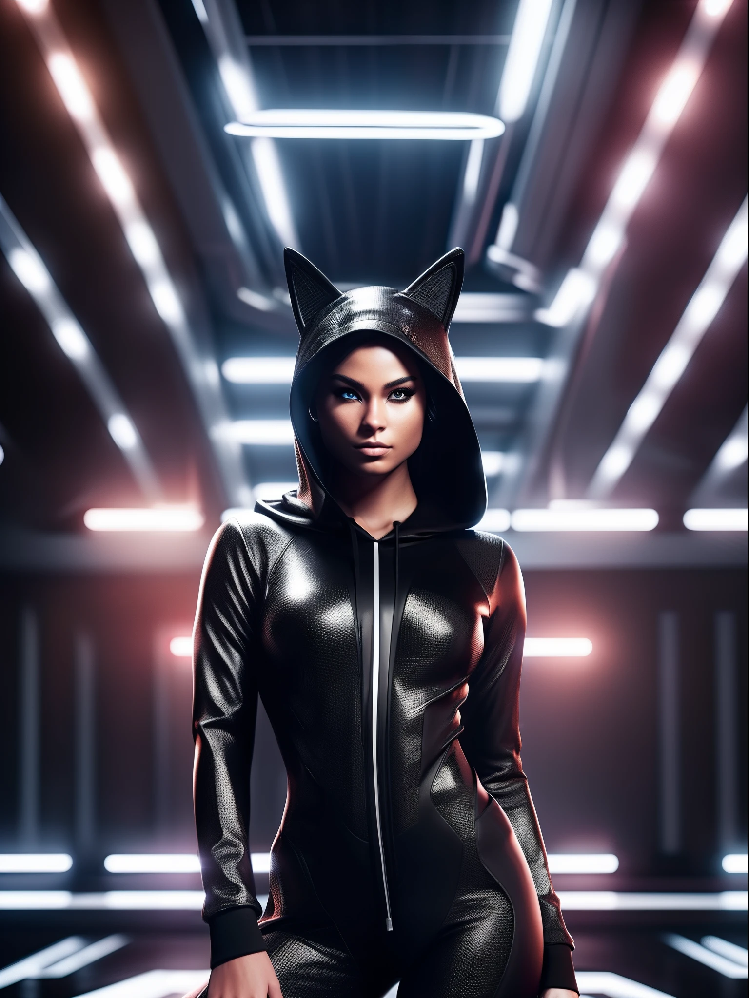 "A human-cat hybrid wearing a sleek black hoodie, striking dynamic poses on a modeling stage, set against the perfect lights, Unreal engine 5 style, realistic 8K UHD."