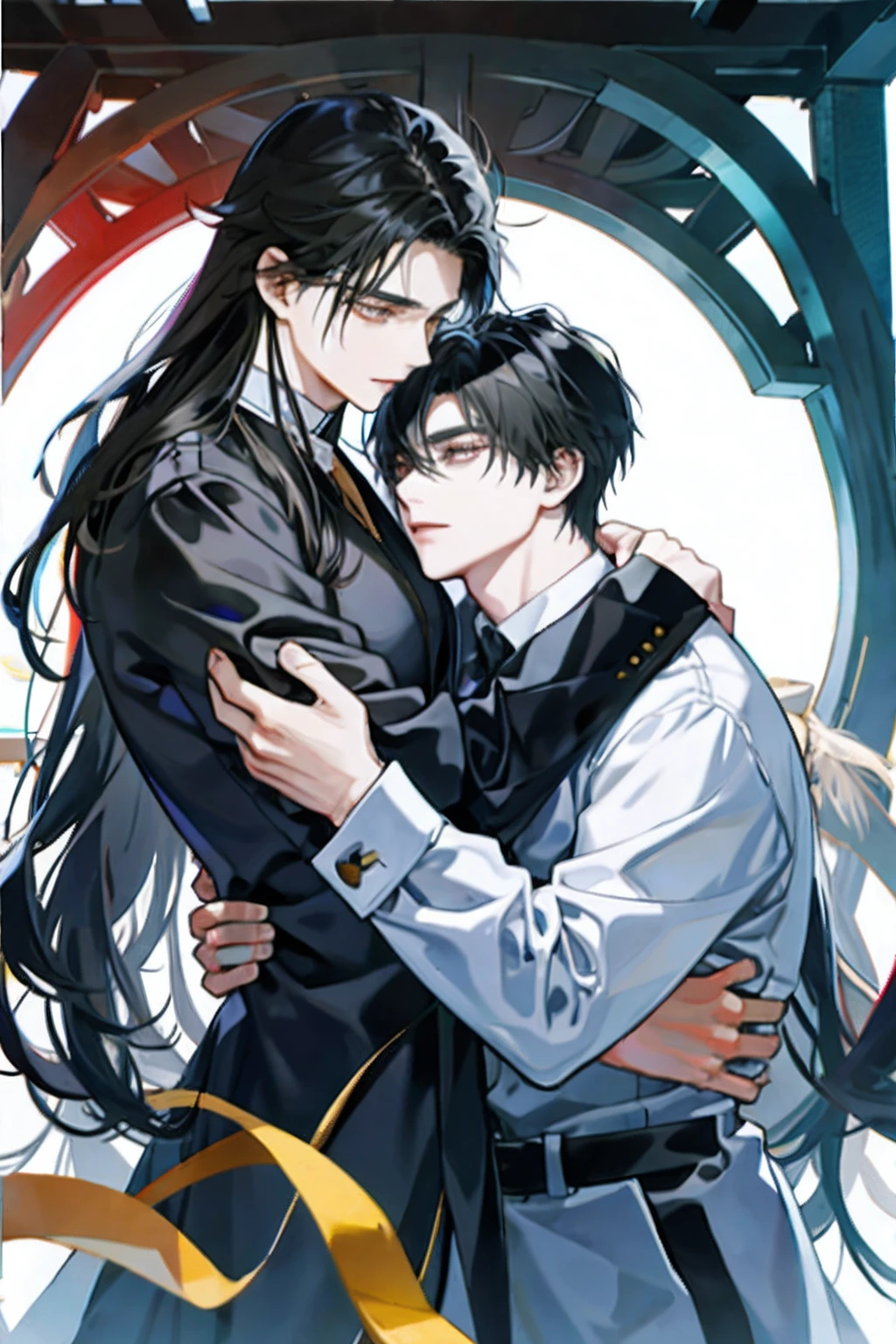 （There were only two men）Man with long black hair，Hug another man。two men embracing