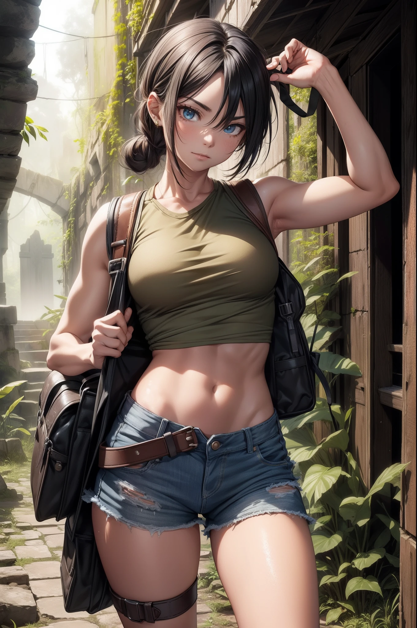 Tank top, Shorts, Black hair, (ancient ruin:1.1),Adventurous woman, (trap:1.1), Pistol holder on the thigh, Khaki backpack, hair tied, dense woods, subtropical, machete, Treasure Hunter, Fuji Film, F/1.2, (16 K, 8K, awardwinning, Best Quality, hight resolution, high details, Super Detail, Anatomically correct, Textured skin, masutepiece:1.4, nffsw),Whole body mud stains,Rugged look,caves,Treasure Bag,Multifunction watch,(Feeling nervous and elated:1.2),A scene from an action movie