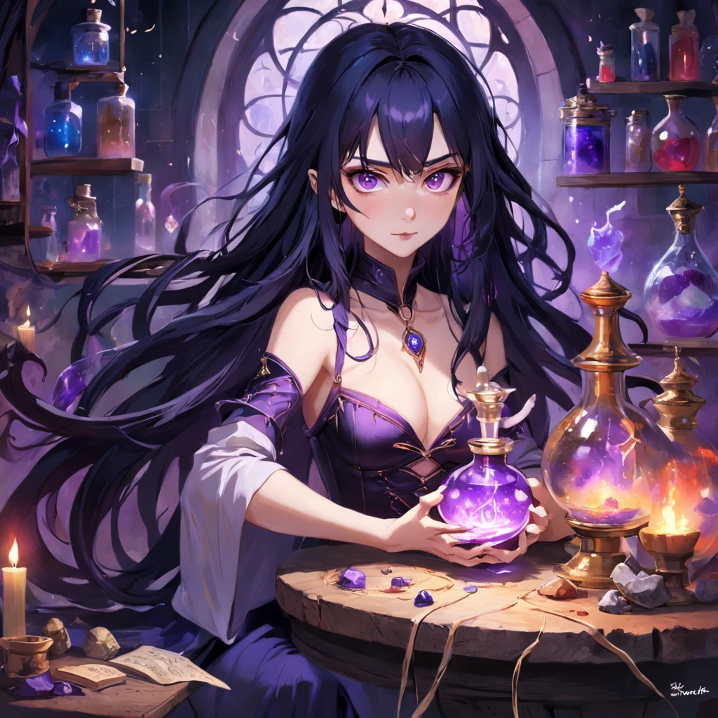 color photo of a mysterious seductive sorceress, with long black hair and piercing violet eyes, capable of manipulating the will of others with sweet words. She is mischievous, but also has a loving and kind heart. At her worktable, littered with flasks and potions, she helps those who deserve it with her spells. The atmosphere around you is charged with magic and mystery. With her exotic beauty, she uses her feminine skills to achieve her goals. A color photo of a woman, her long black hair cascading down her shoulders, her piercing violet eyes captivating anyone who gazes into them. Her lips, painted in a deep red, hold a hint of mischief and kindness. She sits at a cluttered worktable, covered in flasks and potions of various shapes and sizes, each holding a secret power. The air around her crackles with an electric energy, the scent of herbs and incense filling the room. Soft candlelight casts a warm glow on her delicate features, emphasizing her otherworldly allure. The photo captures her in a moment of concentration, her slender fingers gently stirring a concoction as she taps into her magical abilities. The ambiance is filled with a sense of enchantment and wonder, as if the very air is tinged with spells and secrets. The sorceress's presence is both alluring and mysterious, drawing you into her world of magic and intrigue.

Camera settings: Nikon F3 camera, loaded with high-sensitivity film to capture the subtle details of the scene. A soft focus lens is used to create an ethereal atmosphere, with a shallow depth of field effect. The dark environment, illuminated only by the flickering light of candles, adds to the sorceress's magical aura, enhancing the overall enchanting ambiance of the photo.

Juxtaposing Artists: Salvador Dalí, Annie Leibovitz, and Hieronymus Bosch.