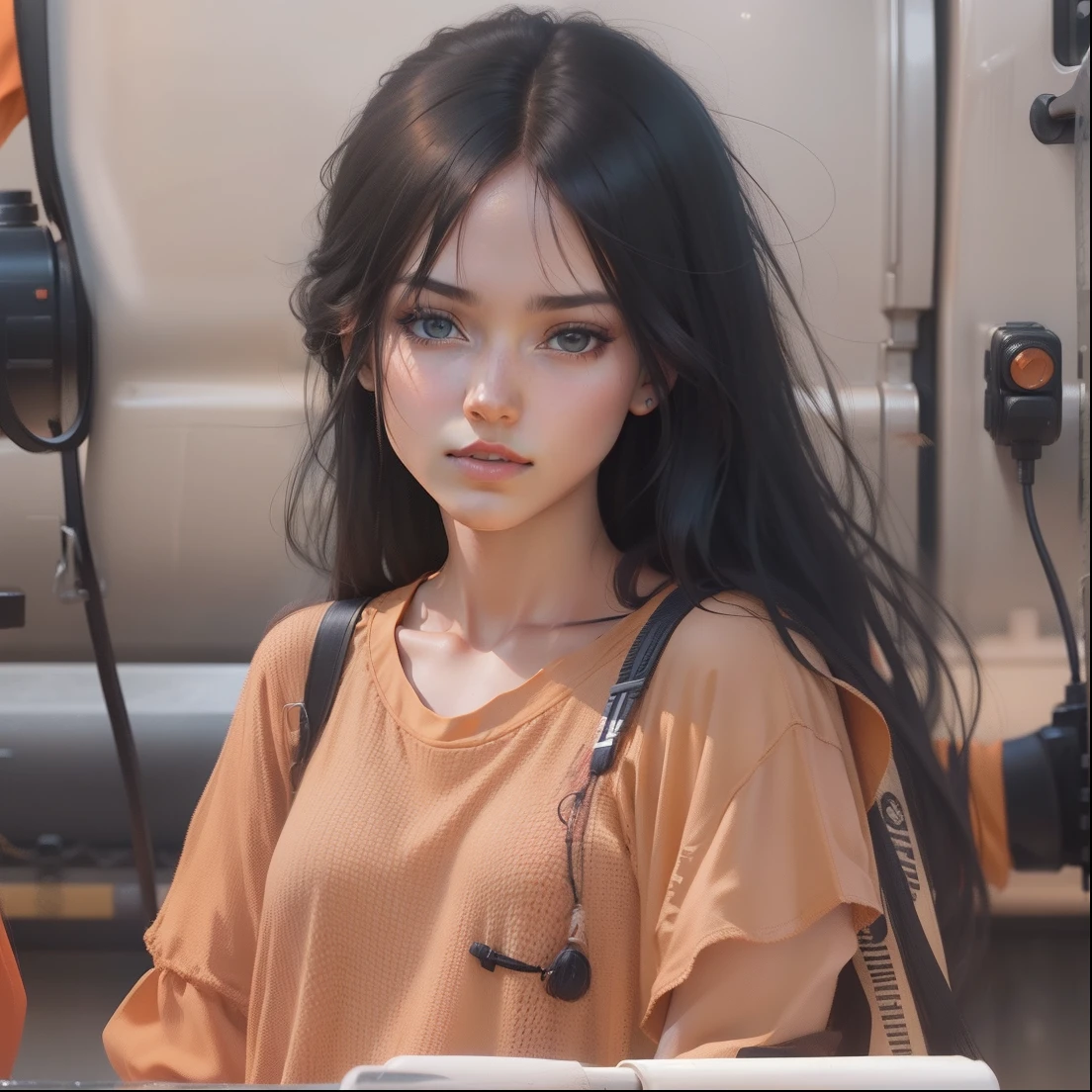 1girl, Skylar vox,Orange shirt,Long hair,Black hair, realistic,ultra detail,70mm lens