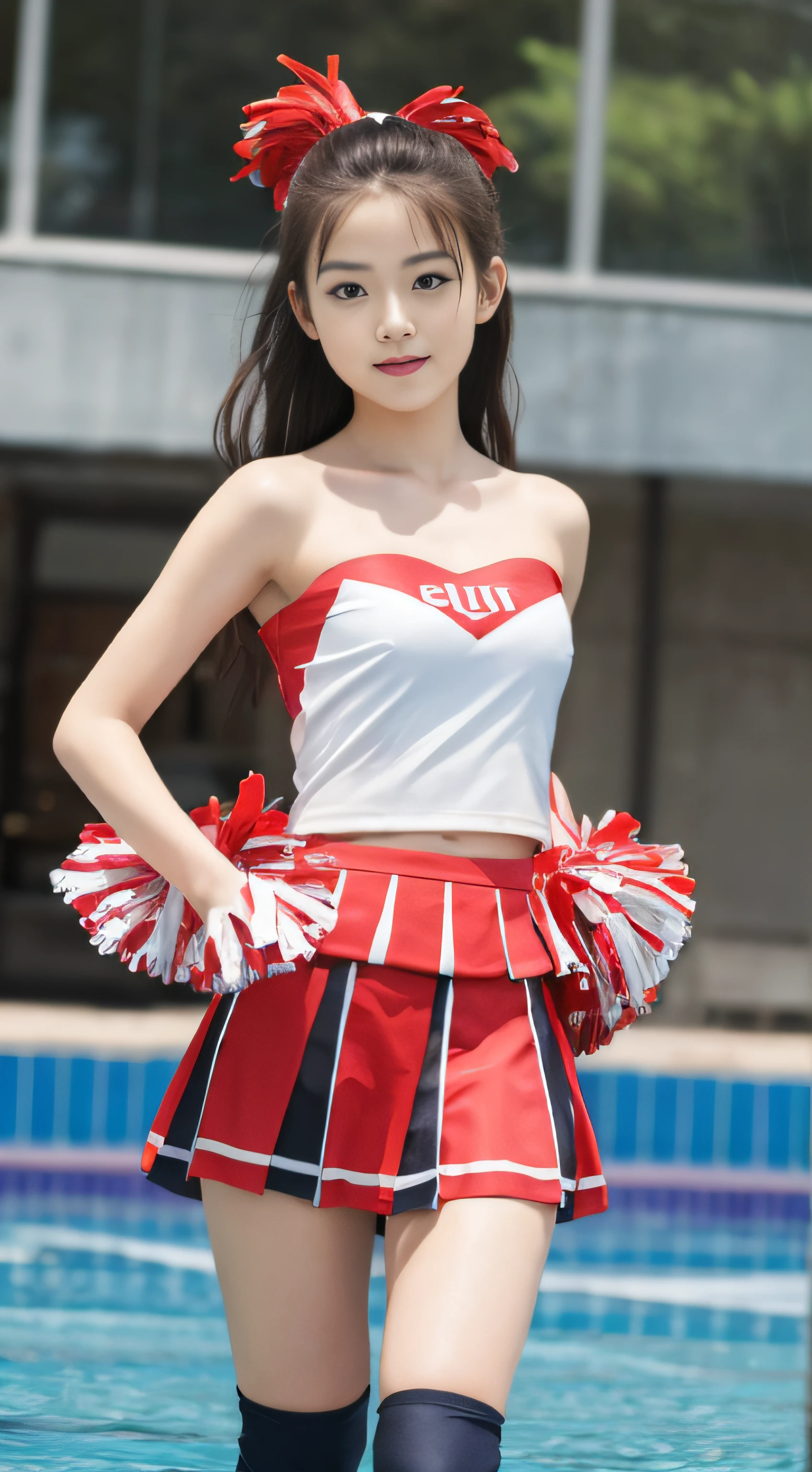 (8K、Raw photography、top-quality、masterpiece:1.2)、32K、ultra res、fully body photo、(Composition from the knee up:2.0)、medium distance shot:1.8、200mm telephoto lens:1.8、body facing forward:2.0、Full body portrait、rialistic photo、((Strapless Beartop Cheerleader Uniform:1.5))、(onepiece:1.4)、(realisitic、Photorealsitic:1.37)、超A high resolution、depth of fields、Soft lighting、Caustics、masterpiece、ultra-detailliert、pylons、(8K、Raw photography、top-quality、masterpiece:1.2)、32K、ultra res、rialistic photo、(realisitic、Photorealsitic:1.3)、超A high resolution、depth of fields、Caustics、Canon EOS、masterpiece、ultra-detailliert、fully body photo、1girl in、独奏、in poolside、Slender Abs、flat breast、small tits、Bust 70 cm、Hip 82 cm、Slender body、big breasts thin waist、The crotch is clear、tiny chest、small hip、Model grade ratio、Vibrant poses、Super cute full body photo、1girl in、Long hair swaying in the wind:1.4、is standing、in poolside、Slender Abs、Waist 52 cm、flat breast、small tits、Bust 70 cm、Hip 82 cm、Slender body、big breasts thin waist、tiny chest、small hip、Model grade ratio、Vibrant poses、Super Cute