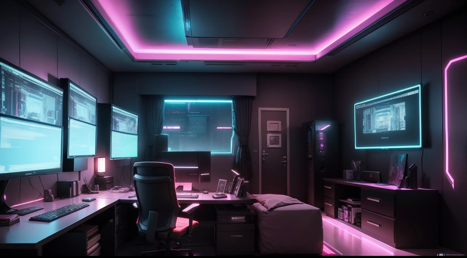 There is a computer desk with a monitor, Speakers & Monitor, cyberpunk setting, cyberpunk atmosphere, Cyberpunk lighting, Cyberpunk interior, Cyberpunk bedroom at night, 3 d render beeple, In the room, designed in the style of cyberpunk, cyberpunk atmosphere, Cyberpunk Teen Bedroom, cyberpunk with neon lighting, Cyberpunk Apartment, hyper realistic cyberpunk style, Muted cyberpunk style, Cyberpunk bedroom, Living room