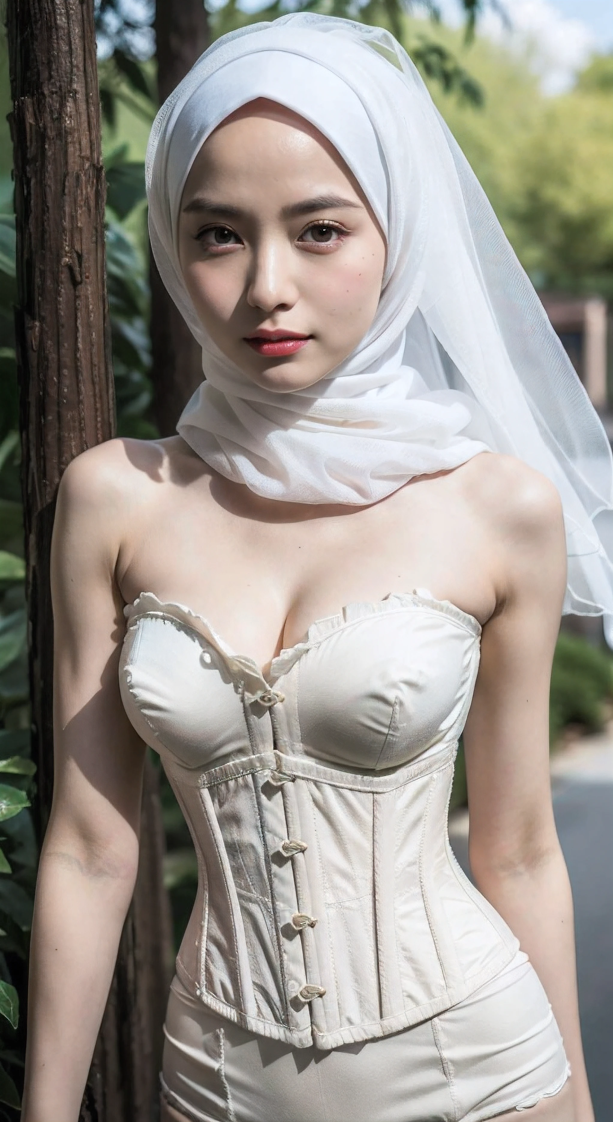 a hijab woman in legging , pretty embarrassing, RAW photos, 8K, highest quality, ultra-high resolution, beautiful faces detailed, real human skin, gentle expressions, (((hijab))), (natural boobs size), (sad:1.3), good hand,4k, high-res, masterpiece, best quality, head:1.3,((realistic)), finely detailed skin, sharp focus, ((sexy)), dynamic angle, [:(detailed face:1.2):0.2],(((white corset))),(8k, RAW photos, top quality, masterpiece: 1.2), super detail, super resolution, (photorealistic: 1.4),
