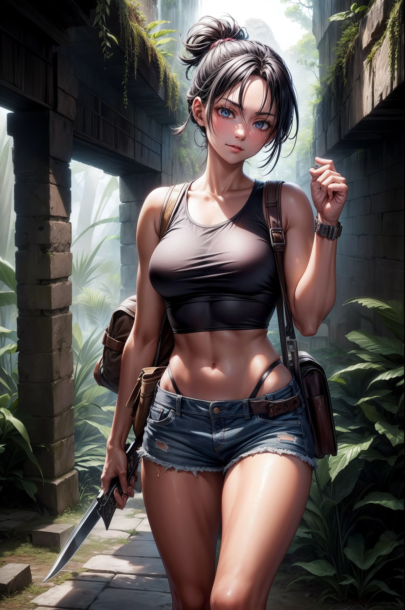 Tank top, Shorts, Black hair, (ancient ruin:1.1),Adventurous woman, (trap:1.1), Pistol holder on the thigh, Khaki backpack, hair tied, dense woods, subtropical, machete, Treasure Hunter, Fuji Film, F/1.2, (16 K, 8K, awardwinning, Best Quality, hight resolution, high details, Super Detail, Anatomically correct, Textured skin, masutepiece:1.4, nffsw),Whole body mud stains,Rugged look,caves,Treasure Bag,Multifunction watch,(Feeling nervous and elated:1.2),A scene from an action movie,Bathing in the Amazon River