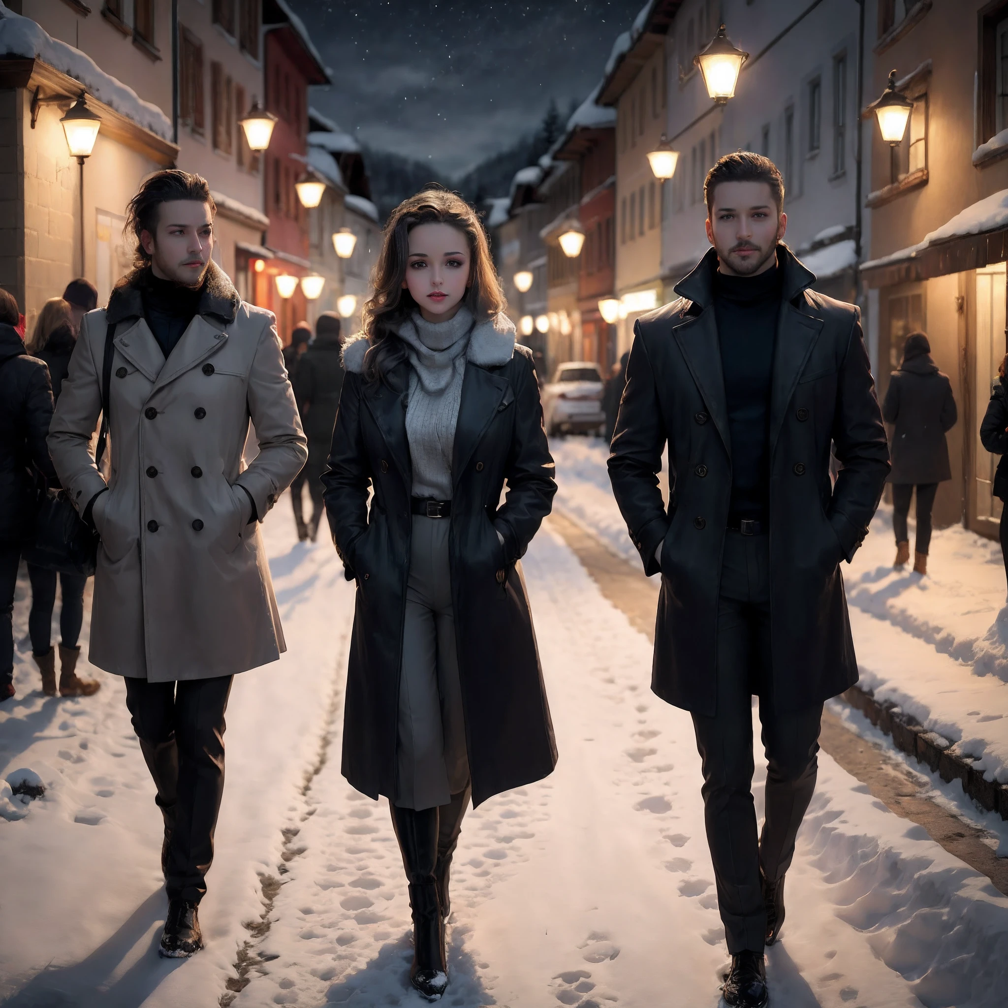 There are people walking down a snowy street at night, vestidos com roupas caras, foto ultra realista. 1 mulher, olhos cor de mel, with the characteristics of Ana de Armas with thermal pants, White wool blouse turtleneck, sobretudo por cima da roupa, synthetic leather stole wrapped around the neck and female hair with the style of the 50s;  in a romantic cinematic image with a dramatic air on a snow-covered street in St. Gallen in Switzerland, at night time, dark skies, muita neve, frio, nevoeiro, inverno. The scenario with characteristics of the year 1945, with dramatic and melancholic tones, foto realista, melhor qualidade, highres, ismail inceoglu, olhos bonitos, belo rosto detalhado, 1girl, mulher bonita, (cabelo vermelho), (olhos vermelhos carmesim), (cabelo curto), corte hime, (vestido vermelho)), coxas vermelhas, (seios grandes), (cintura estreita), quadris largos, coxas grossas, pernas longas, (Detailed Lips)