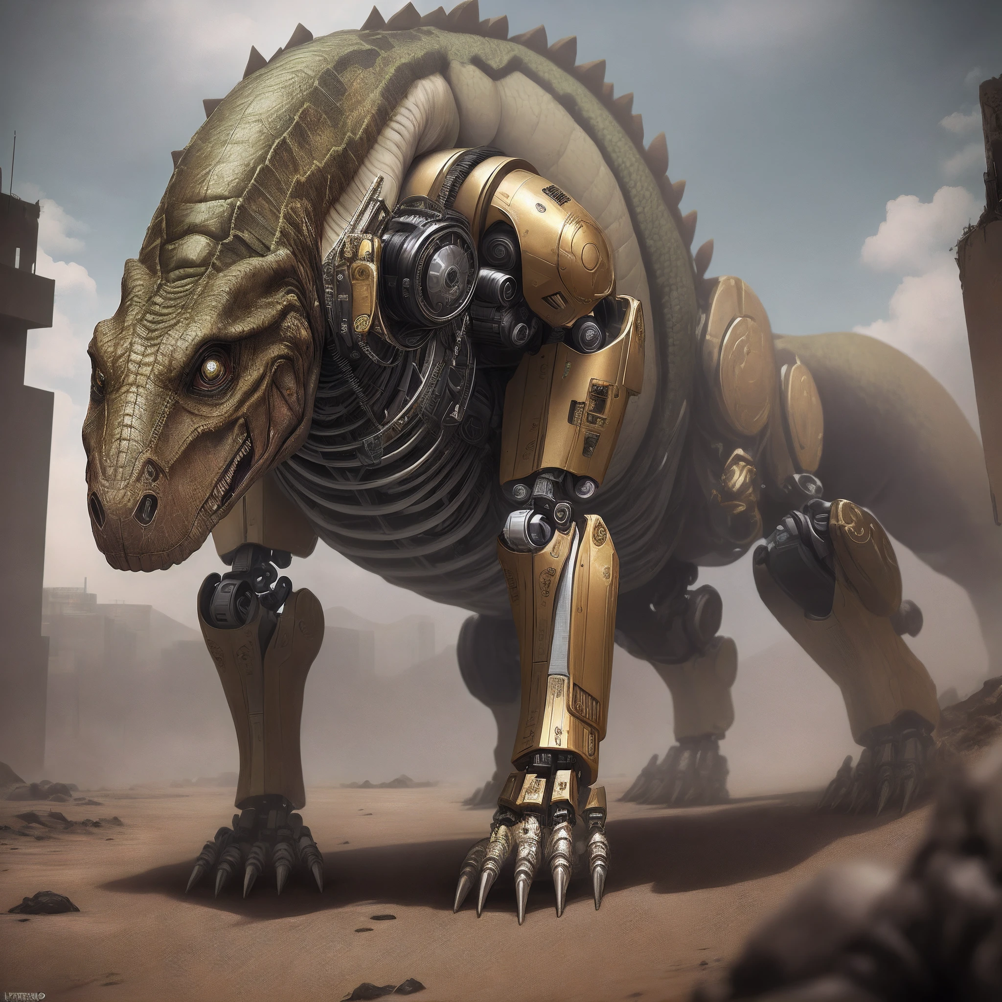 Reptiliano, detalhes biomecanicos, leg with robotic joints , imagem ultra realista , visor estilo Sayajin, lazer no ombro, Post-apocalyptic scenario , olhos do c3po , espada