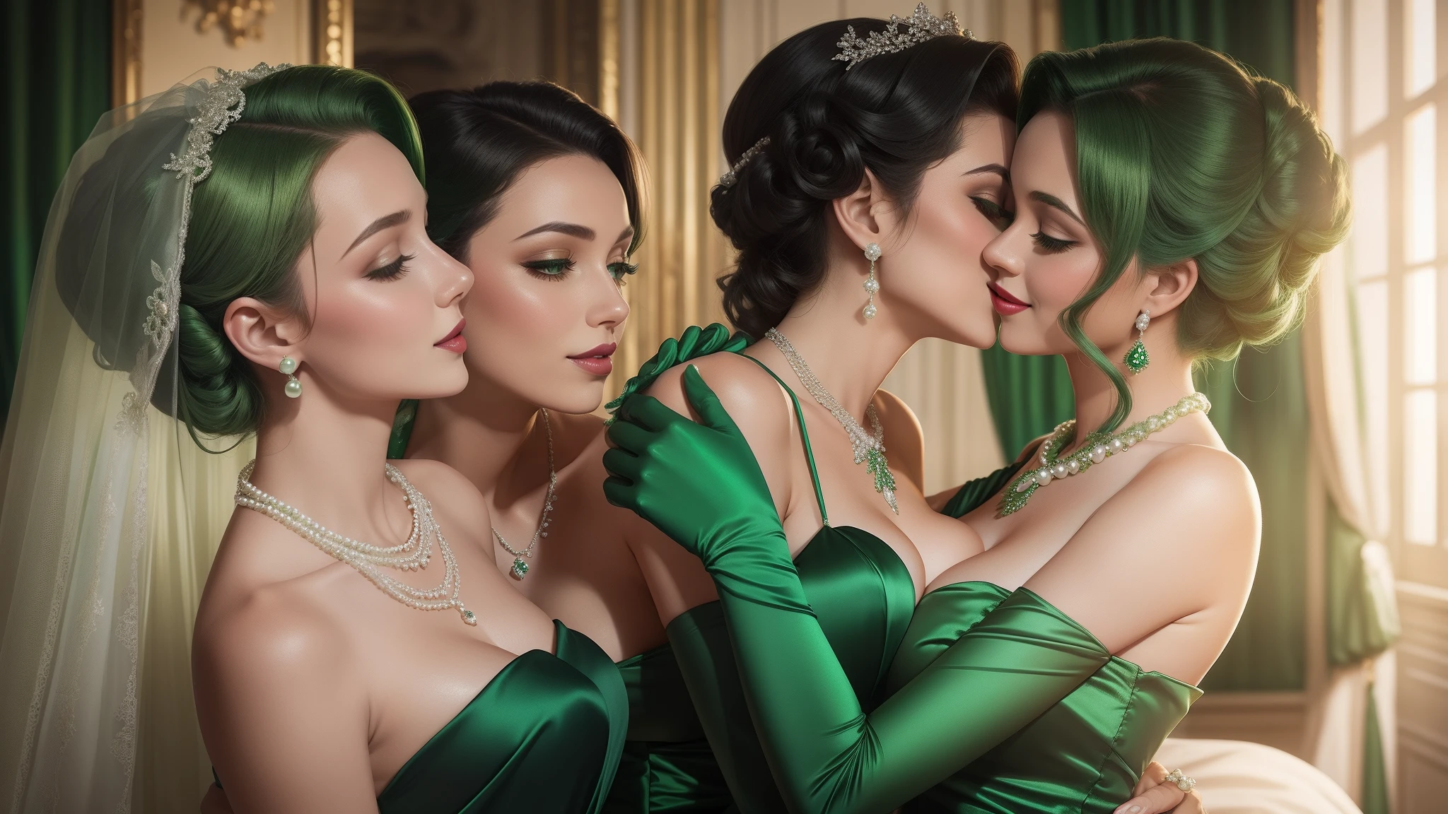 Green Pearl Necklace, Satin green long gloves, lipsticks, Green shorthair, satin, Green dress, bride, the kiss, A smile