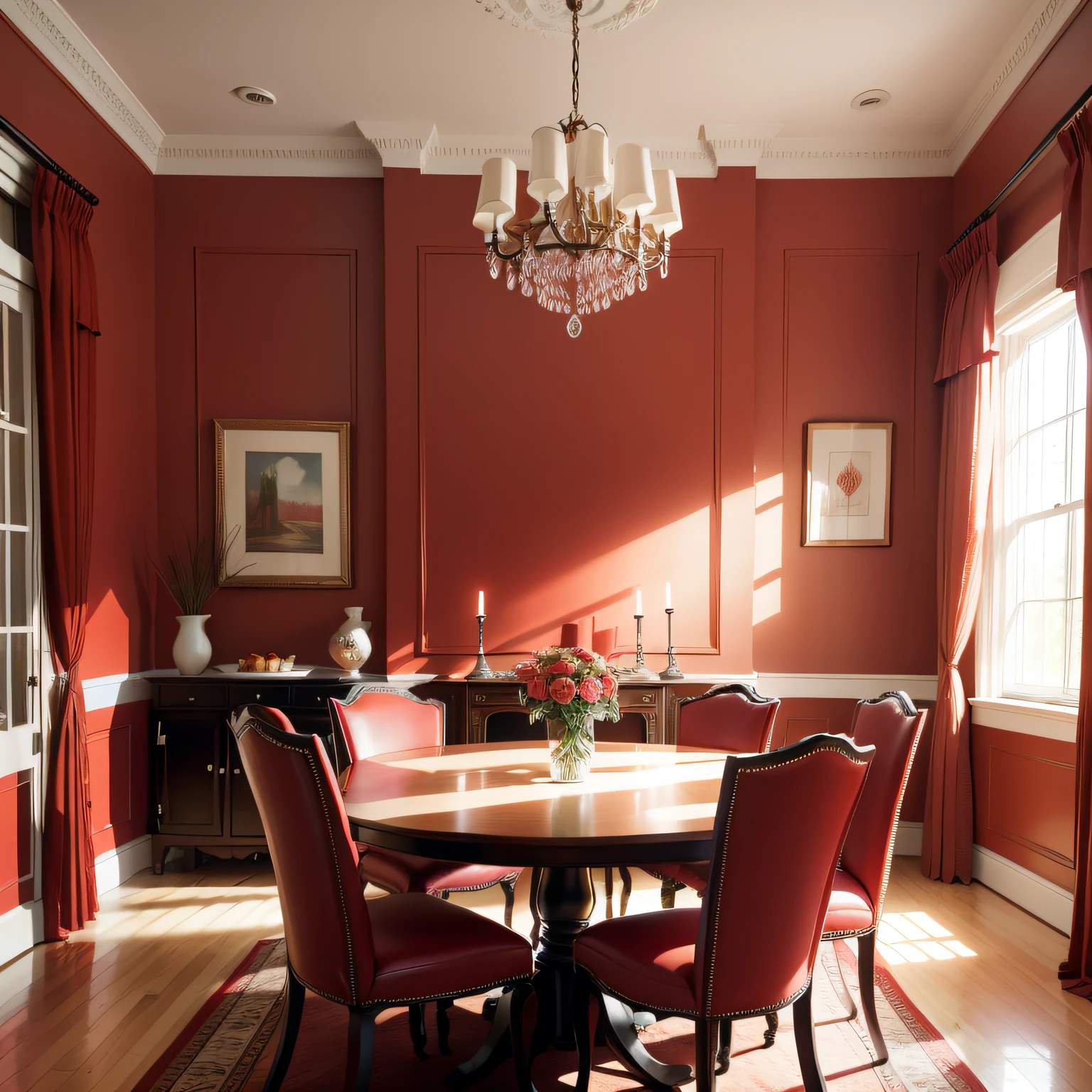 dining room with red walls with Furniture Selection