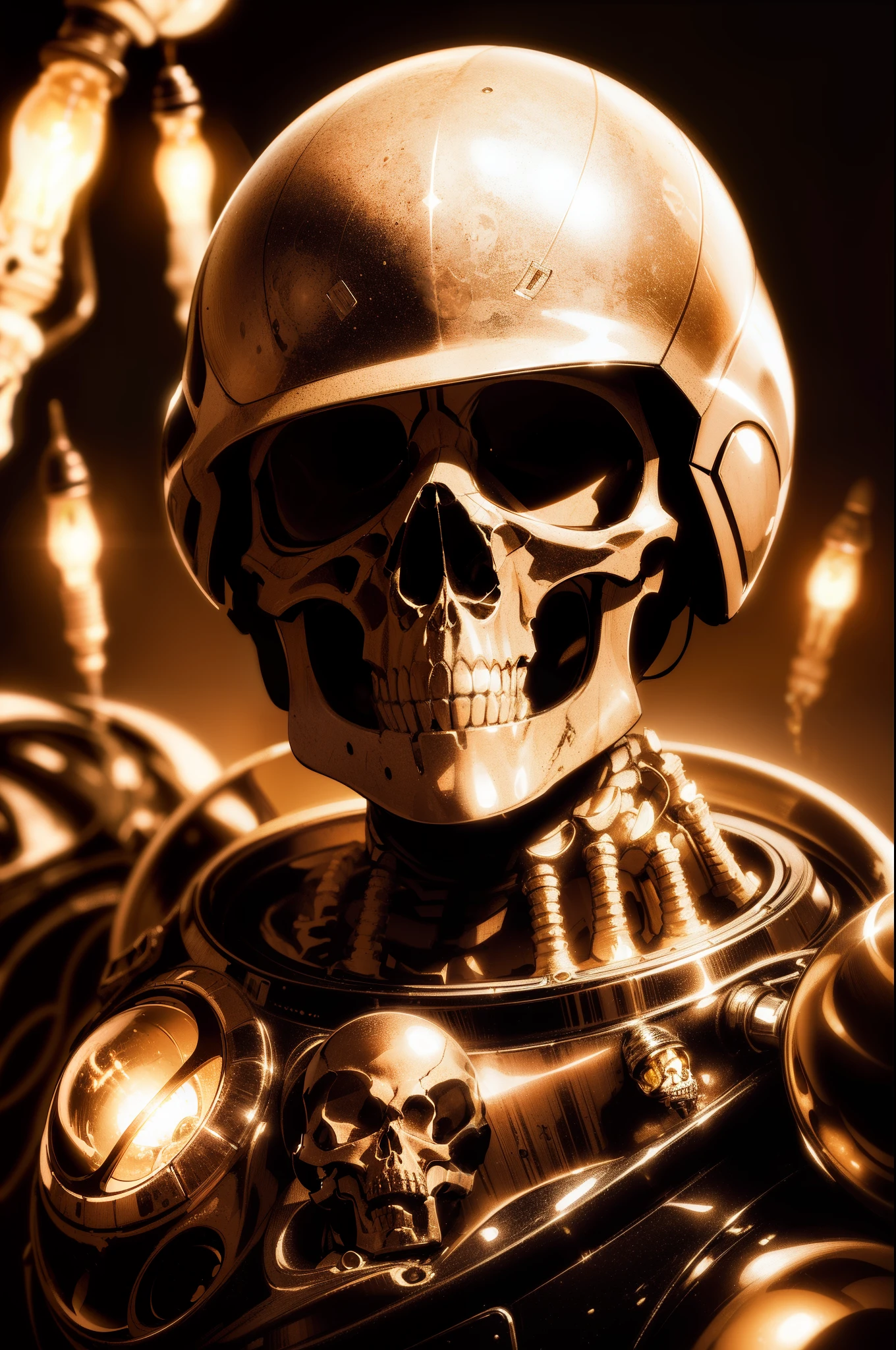absurdres, intricate details, masterpiece, best quality, high resolution, 8k, (skeleton in astronaut spacesuit:1.2), (skull:1.3), (broken helmet:1.4), (colored light bulbs:1.3), spacesuit, lunar surface, craters, black sky, stars, shot on camera Canon 1DX, 50 mm f/2.8 lens, raw, Unreal engine 5 style, lens flare effects.
