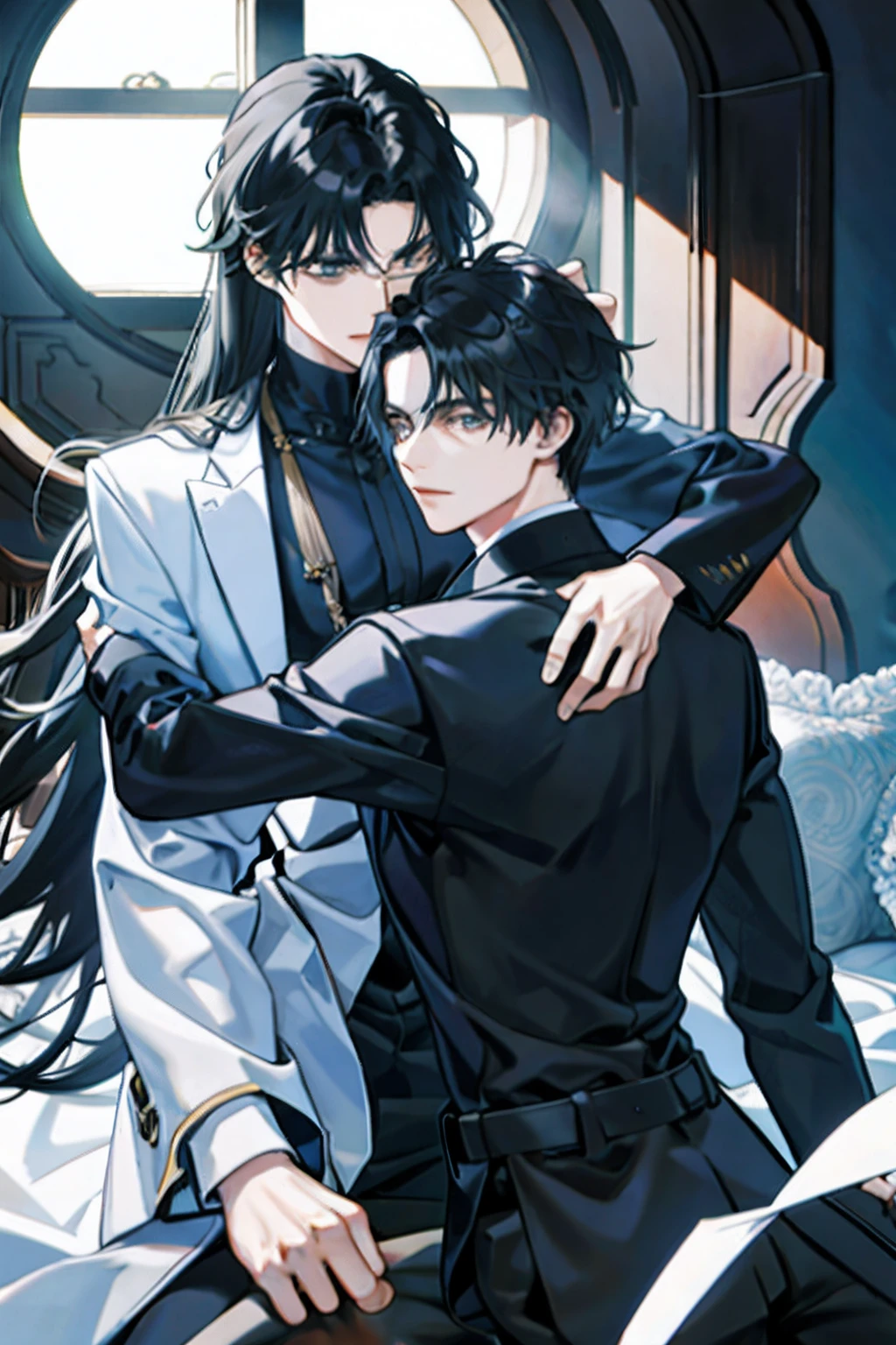 （There were only two men）Black-haired man，Hug another man with long hair。two men embracing
