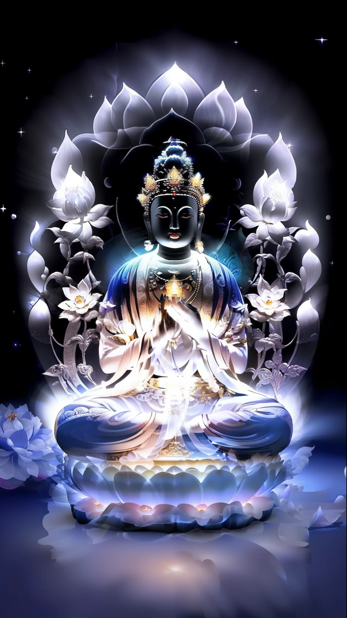 buddha sitting in lotus position with lotus flowers and water, spiritual enlightenment, enlightenment. intricate, the buddha, buddha, white glowing aura, buddhism, divine being, samsara, emanating and flowing energy, buddhist, emanating with blue aura, glowing from within, glowing black aura, enlightened, glowing holy aura, mystical purity, on the path to enlightenment