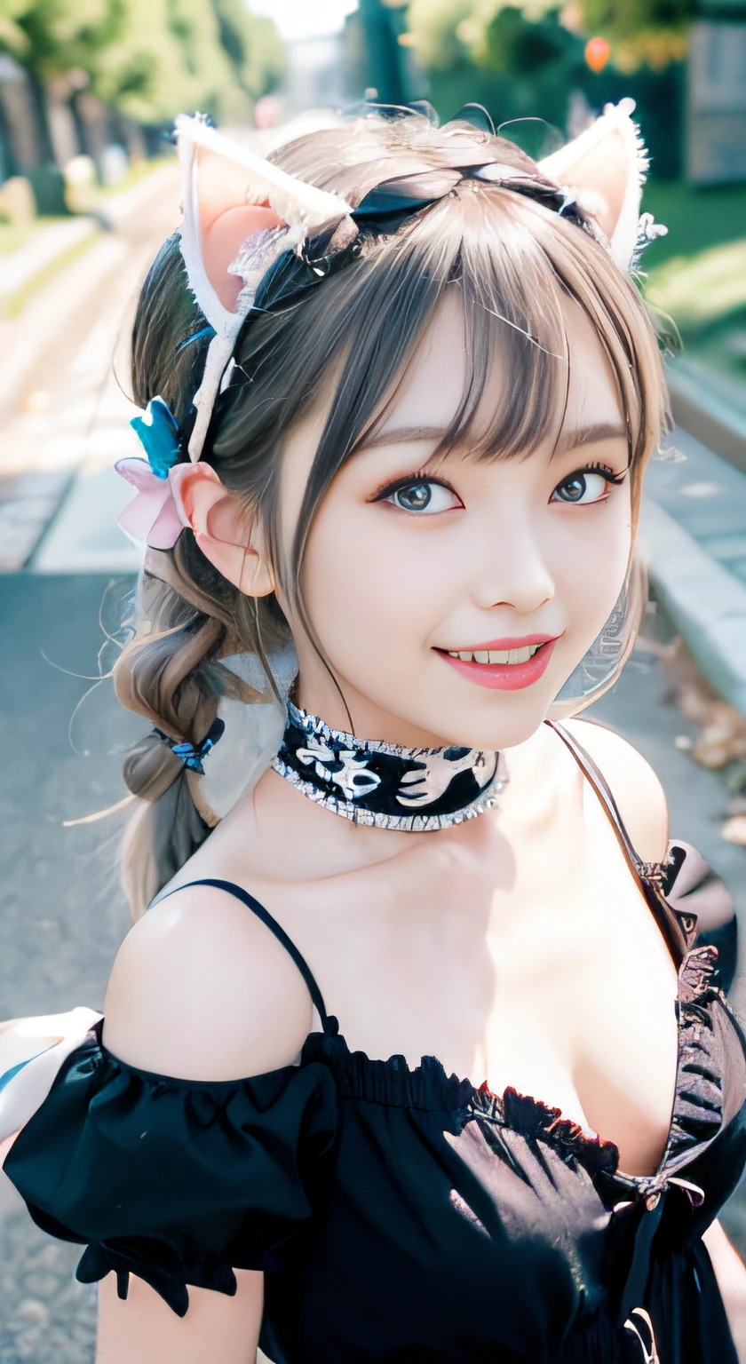 (ultra-detailliert), Frontal Face,head shot, Front view,Cute princess dresses in black color,(frilly dress),(shortsleeves),Blue eyes,The upper part of the body、cowboy shot、faces、(A smile:1.5),(facing front:1.2), 20yr old, teens girl,no tail,(no tail),2D, masterpiece, top-quality, animesque, A detailed eye, A detailed face, girl with, Only 1 person,Silver-haired medium hair, (silber hair), Ear Hair, small tits, Single braid, (Single braid), (Side braid), Pink ribbon, Ribbon around the neck, (White sleeves), Standing in the middle of the road