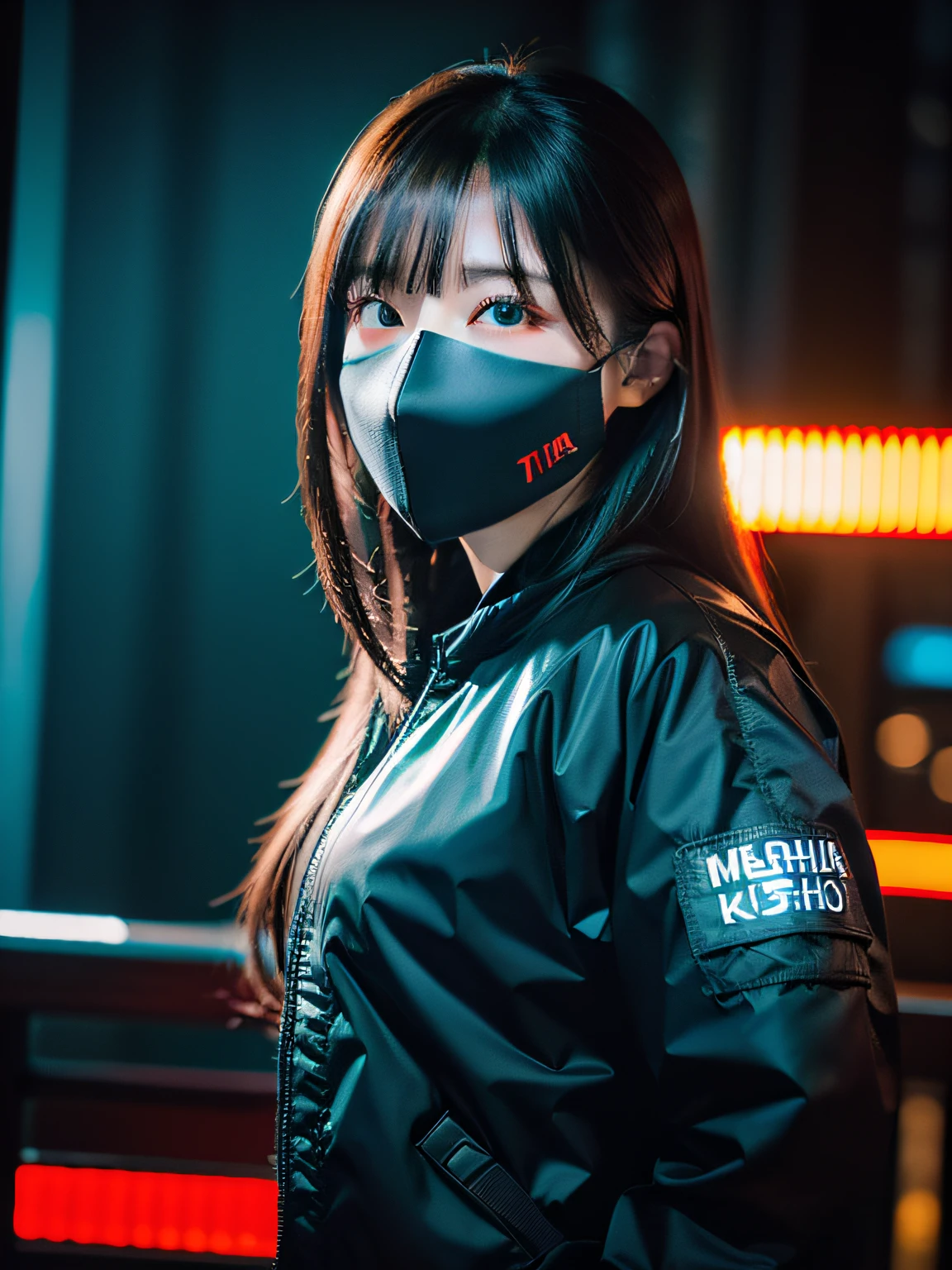 solo, techwear jacket, techwear mask, beautiful girl, beautiful face, night time, cityscape, cinematic lighting, motion blur, wide shot, high details, masterpiece, best quality, soft lighting, candid, long hair blunt bangs, low red light hit the face, film grain, sheath katana, full body shot, blue and red led light around model
