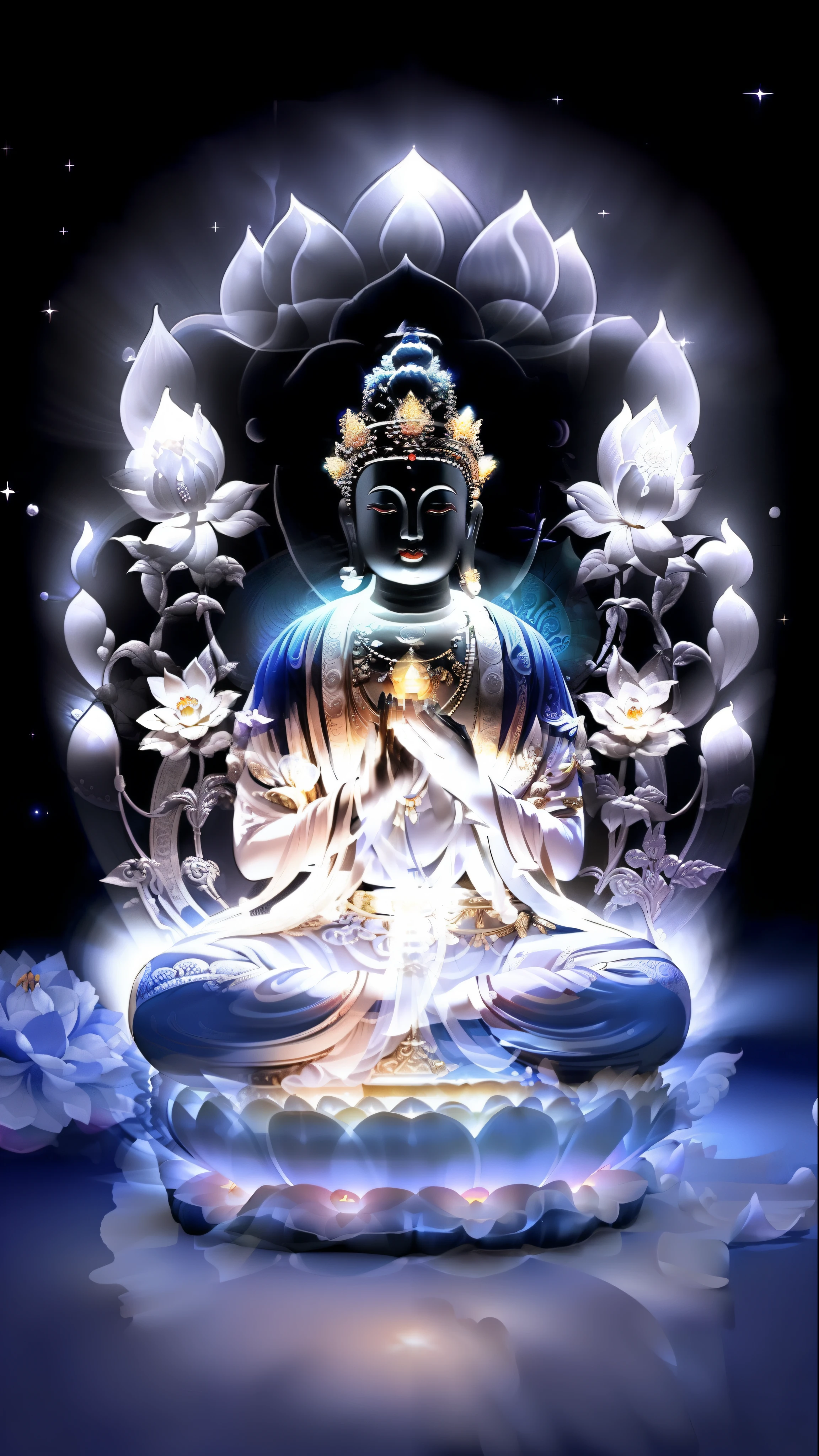 buddha sitting in lotus position with lotus flowers and water, spiritual enlightenment, enlightenment. intricate, the buddha, buddha, white glowing aura, buddhism, divine being, samsara, emanating and flowing energy, buddhist, emanating with blue aura, glowing from within, glowing black aura, enlightened, glowing holy aura, mystical purity, on the path to enlightenment