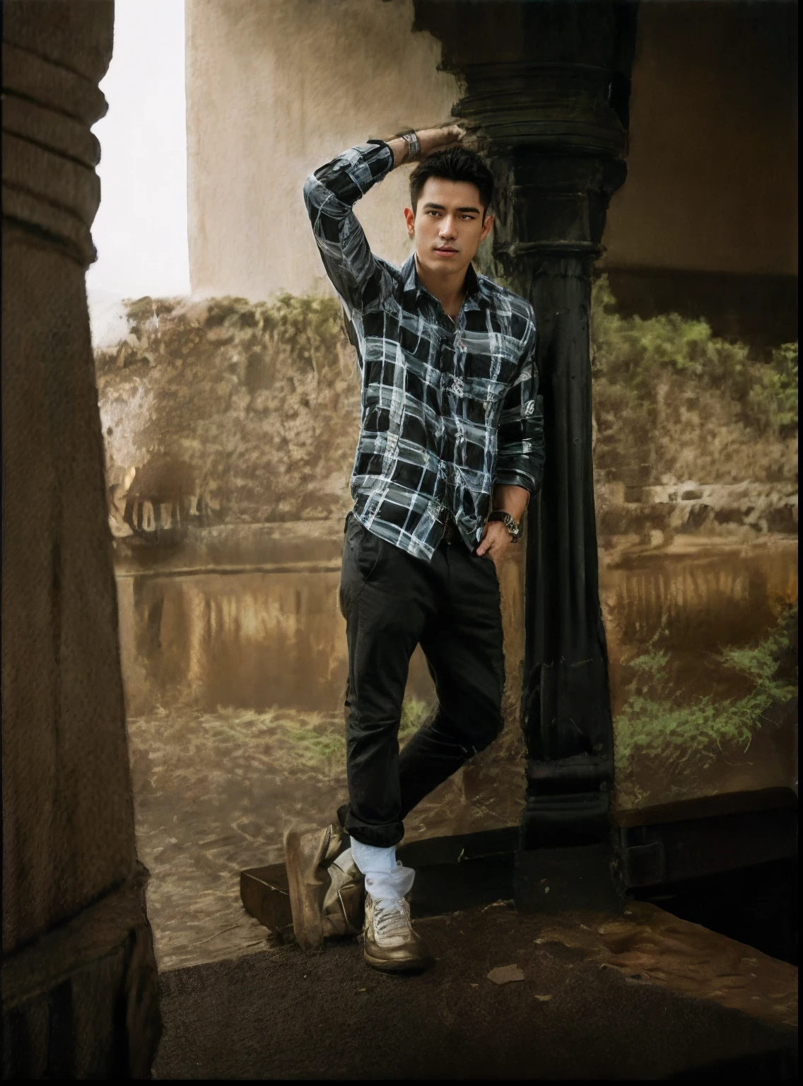 1man, a 25-year-old muscular man, wears a black checks shirt shirt and tie, bodice, soft lighting, masterpiece, best quality, 8k ultra HD, DSLR camera, film grain, Midjourney and greg rutkowski's Fujifilm XT3 realistic painting art