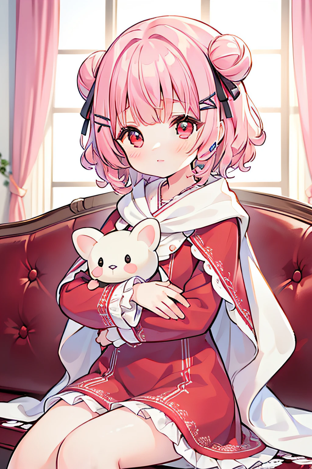 masterpiece, best quality, 1girl, pink hair, short hair, shoulder-length hair, ((curly hair)), two buns, ((red eyes)), in the room, large room, good room, luxury room, light, sitting on the sofa, holding a stuffed toy with both hands, (long sleeves), frilled, ribbons, red dress, ((white shawl)), cute, (detail face)
