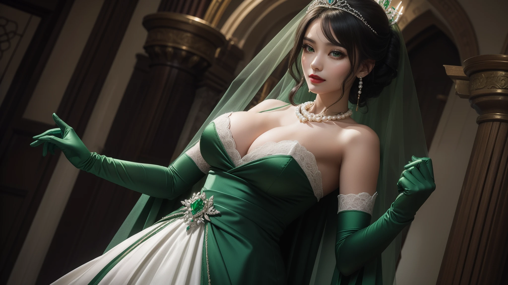 Green Dress Flower Cleanser,Sense of atmosphere, best qualtiy,tmasterpiece,1girll,30-years old,Green dress,Daytime Church,full body Esbian, Green gloves,With short black hair,big breasts beautiful,looking at viewert,ssmile,Green Bridal Veil,Green Long Grove,Satin green long gloves, lipsticks, Pearl Necklace、Green gloves, emerald tiara, A Japanese Lady