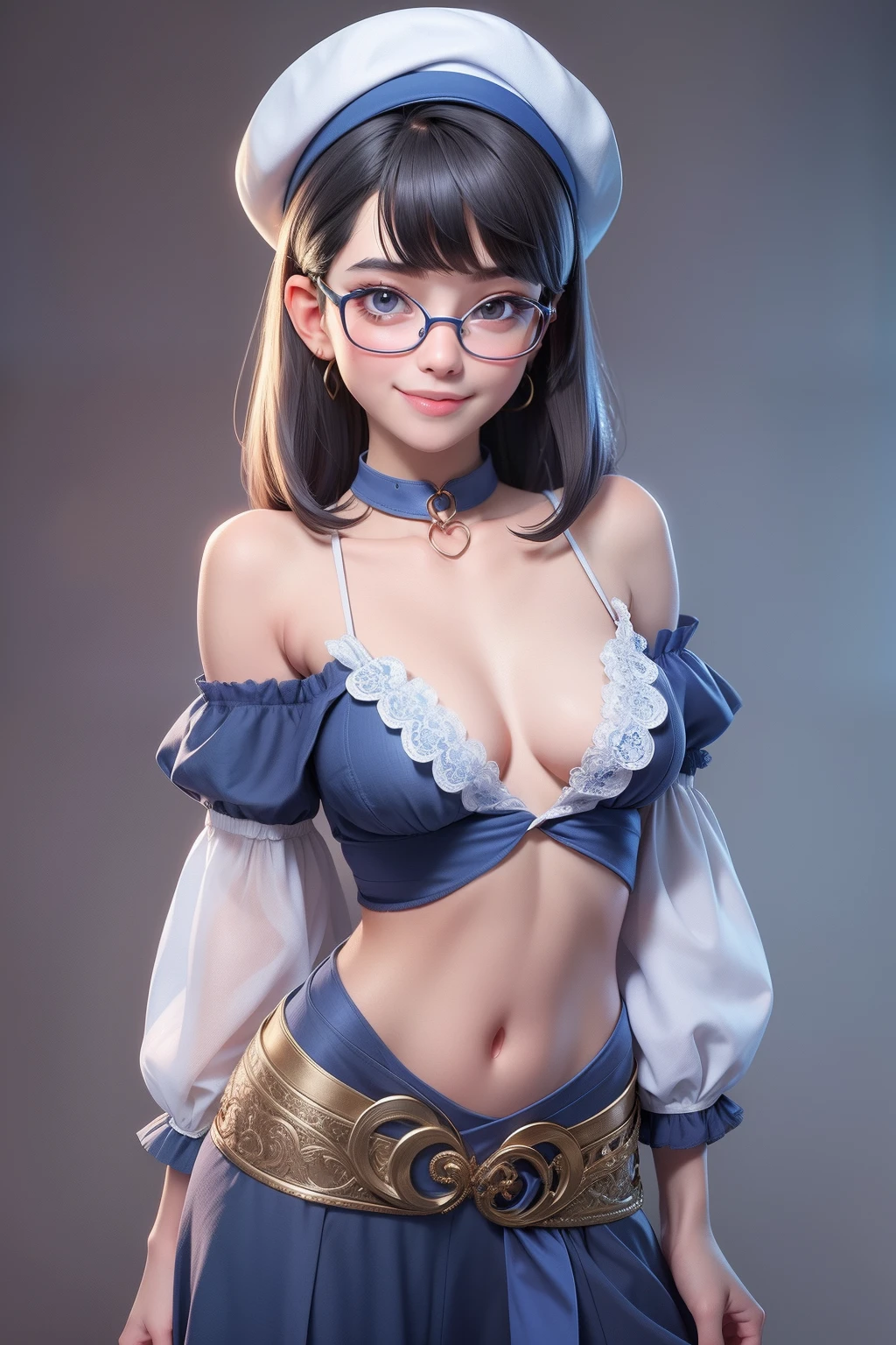 1 cute girl (18yo) glasses, upper body, slim waist, small breast, sexy pose, naugthy face, bangs, random hairstyle, cleavage, navel, collar, collarbone, off shoulder, seductive smile, wear intricately detail hot and sexy outfit, merchant costume, wear unique hat, bright blue and white color. flat gray color for background