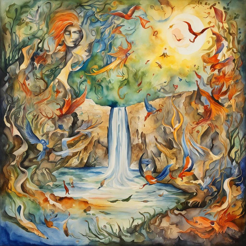 Painting in the style of Expressionism. Souls fly from the lower left corner to the middle of the picture, in the form of reaching hands upwards, From the Dark Underworld.Burdened with their sorrows, Offences, Anger. In the middle of the picture is like an hourglass neck, There is a transition-purification, The Bright World is a paradise on earth, where the sun shines brightly, Birds sing, A crystal clear waterfall murmurs, immersed in greenery.