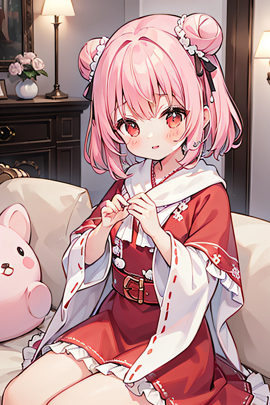 masterpiece, best quality, 1girl, pink hair, short hair, shoulder-length hair, ((curly hair)), two buns, ((red eyes)), in the room, large room, good room, luxury room, light, sitting on the sofa, holding a stuffed toy with both hands, long sleeves, frilled, ribbons, red dress, ((white shawl)), cute, (detail face)